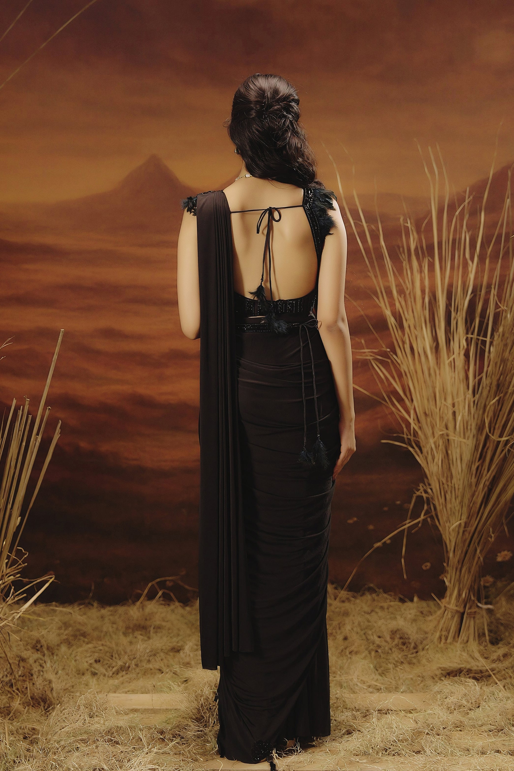 Classic Black Embellished Lycra Silk Draped Saree