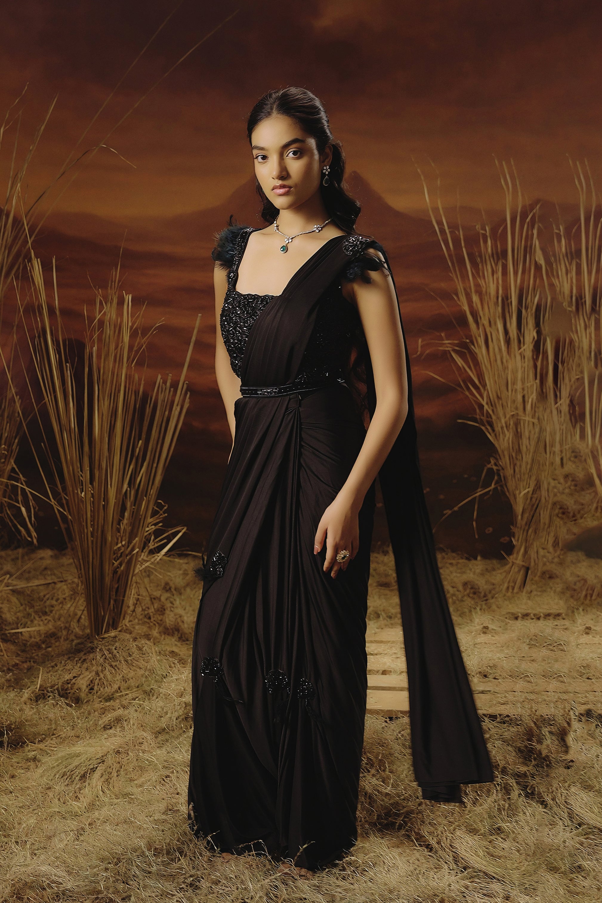 Classic Black Embellished Lycra Silk Draped Saree