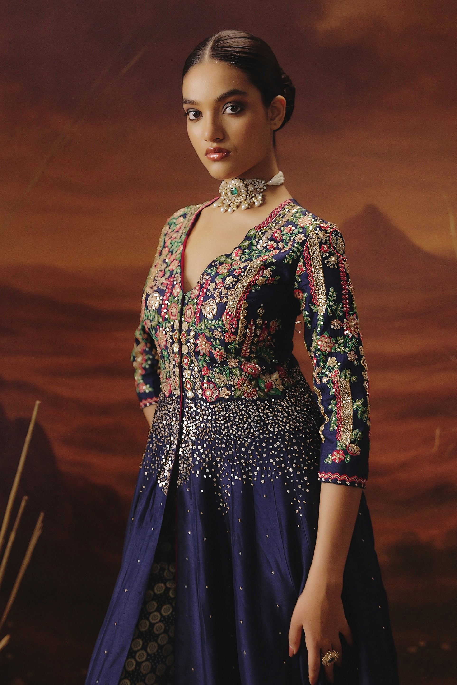 Navy Blue Embellished Raw Silk Palazzo Set