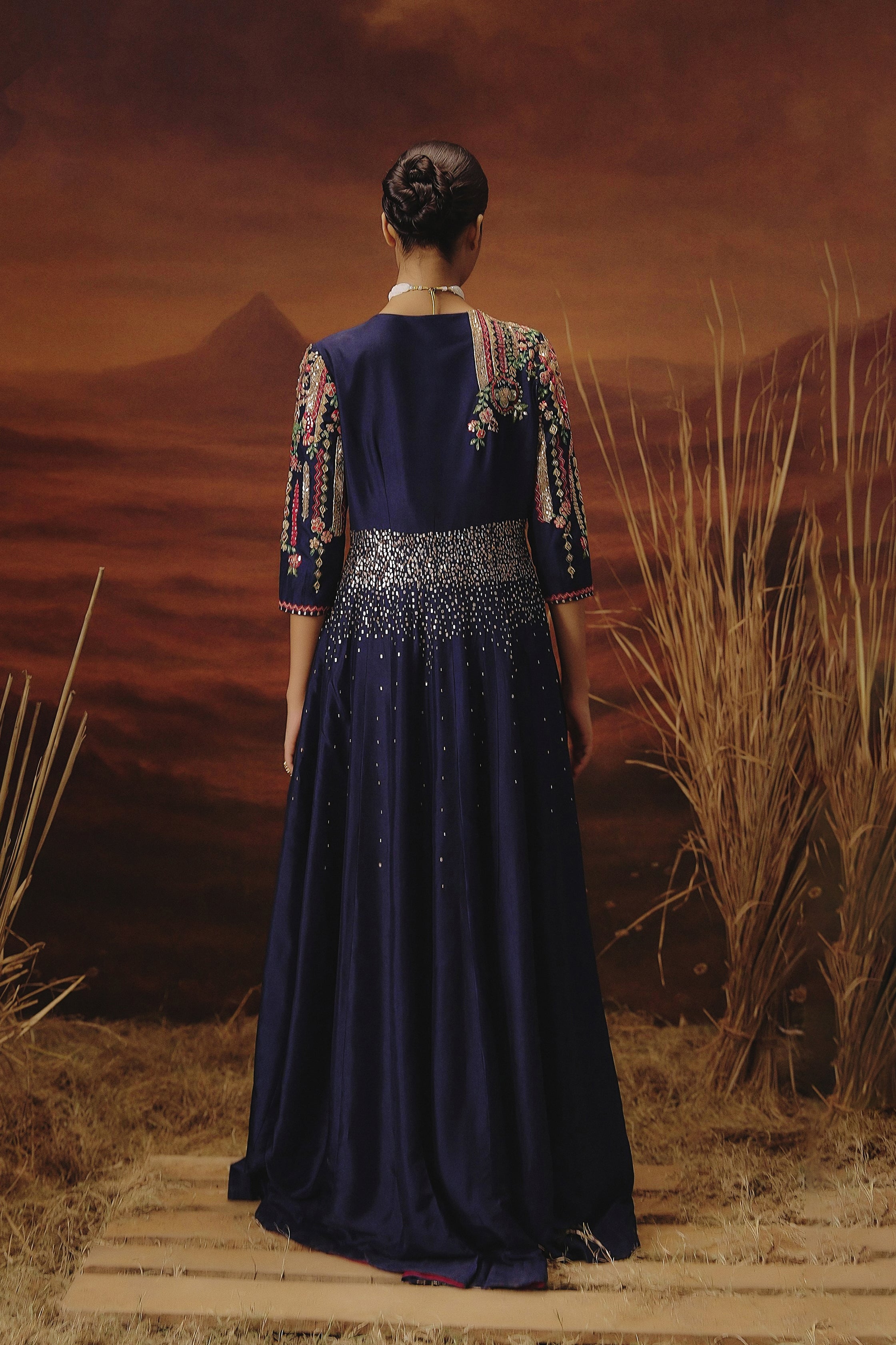 Navy Blue Embellished Raw Silk Palazzo Set