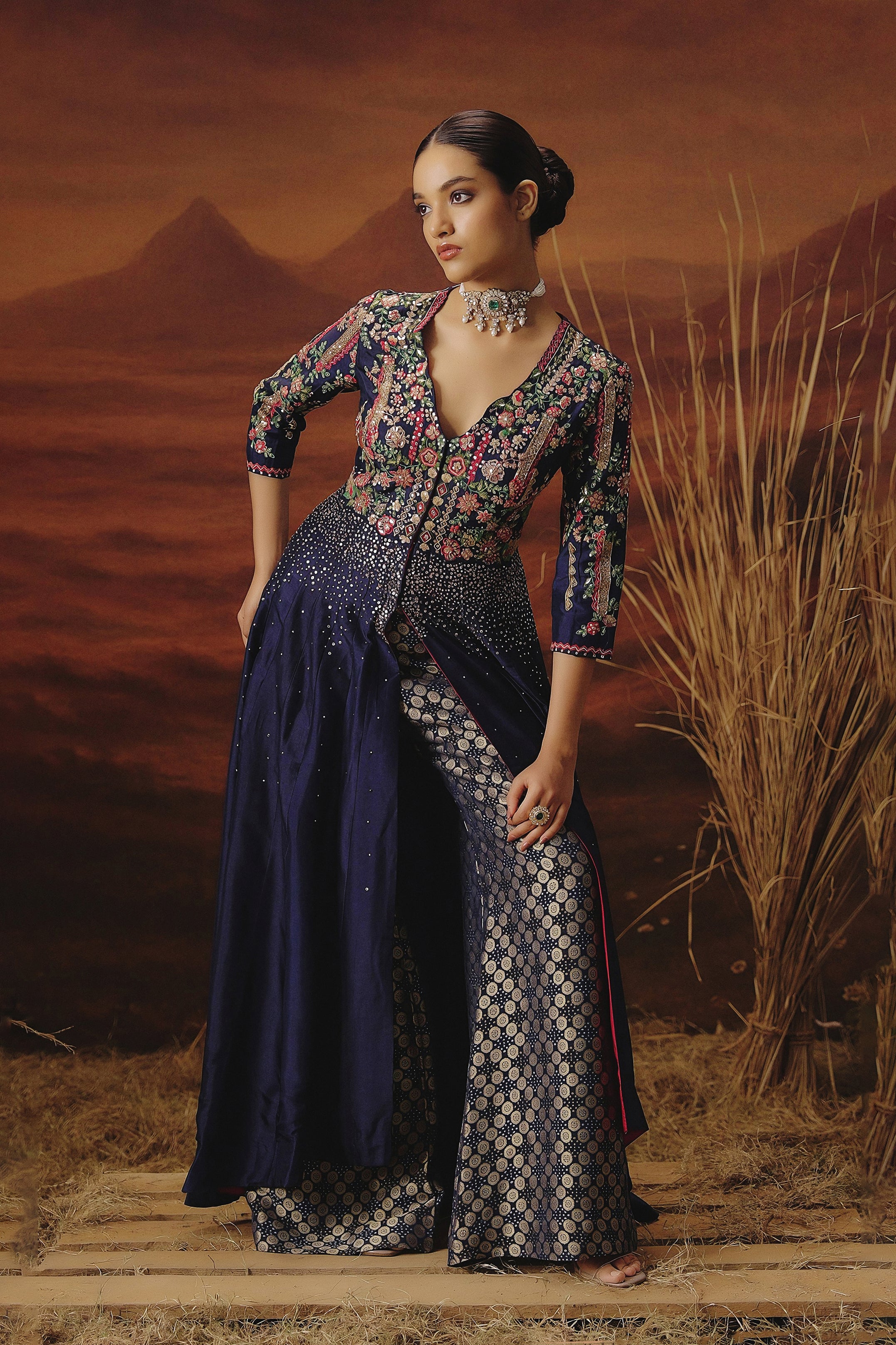 Navy Blue Embellished Raw Silk Palazzo Set