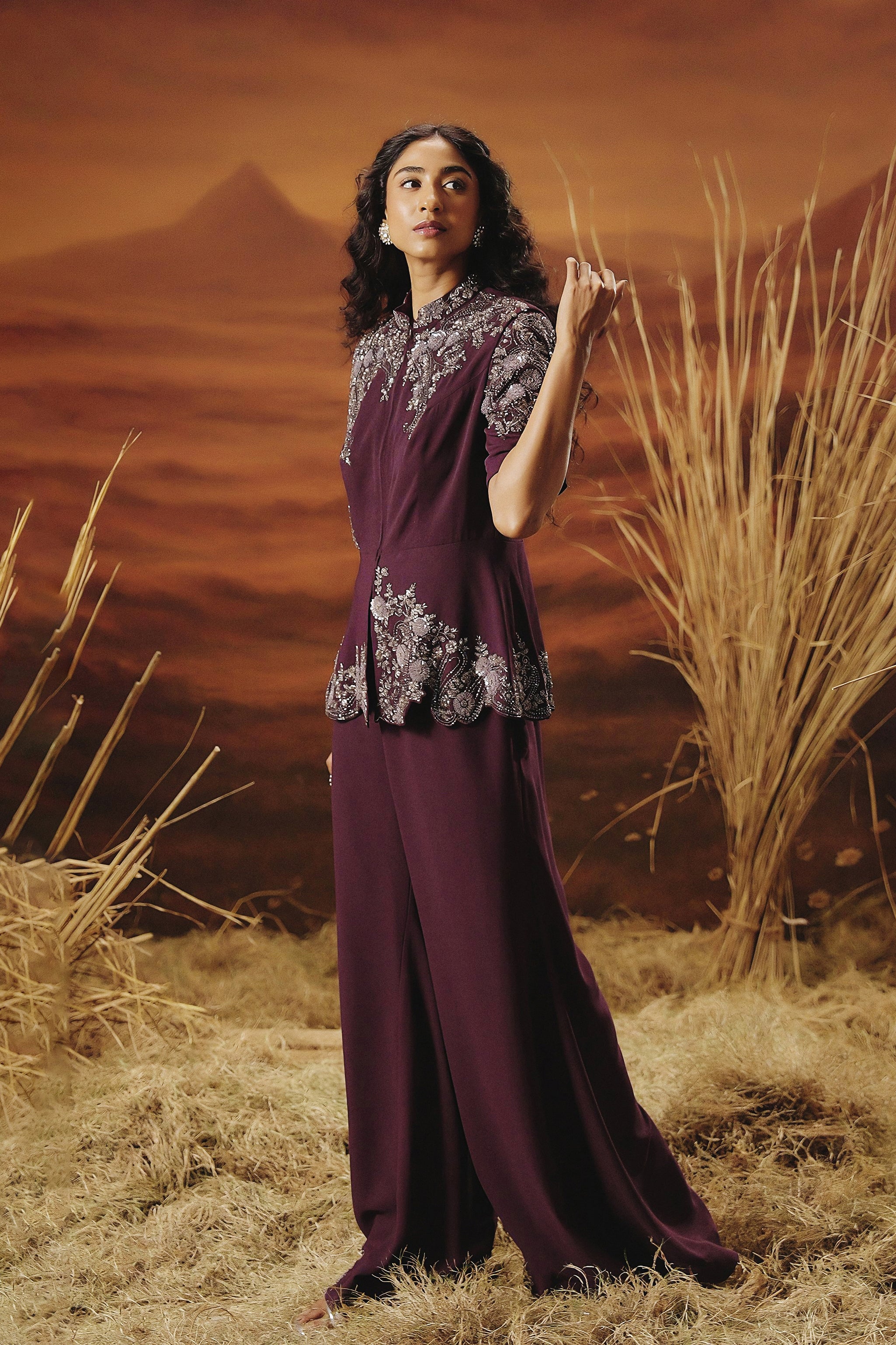 Wine Purple Embellished Premium Silk Co-Ord Set