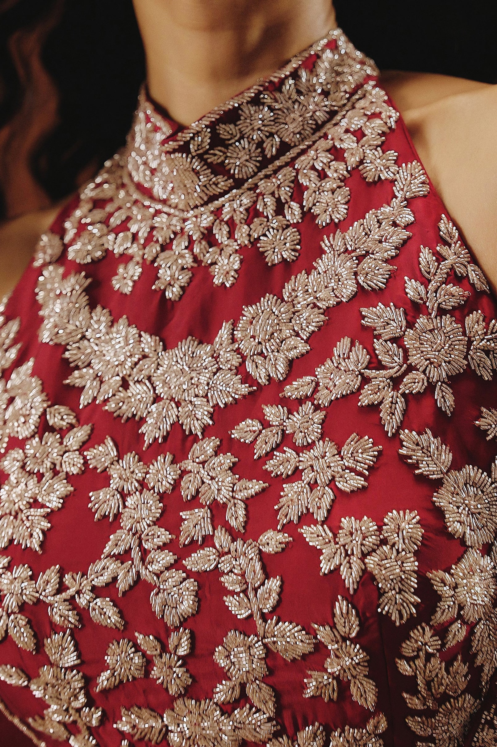 Deep Red Embellished Soft Organza Silk Palazzo Set