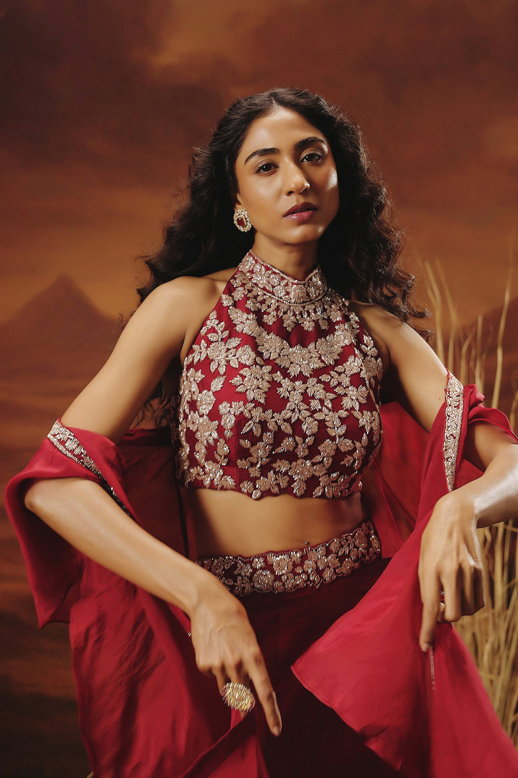Deep Red Embellished Soft Organza Silk Palazzo Set