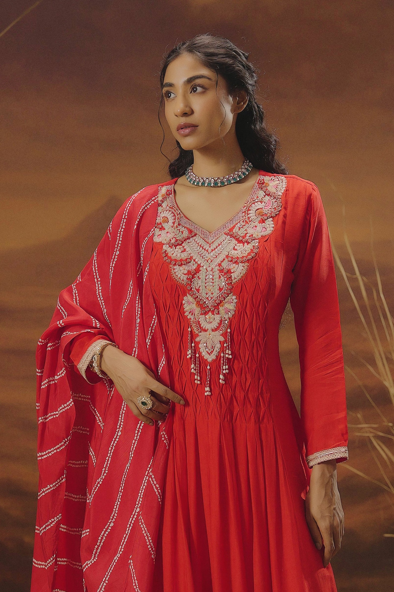 Scarlet Red Embellished Raw Silk Anarkali Set