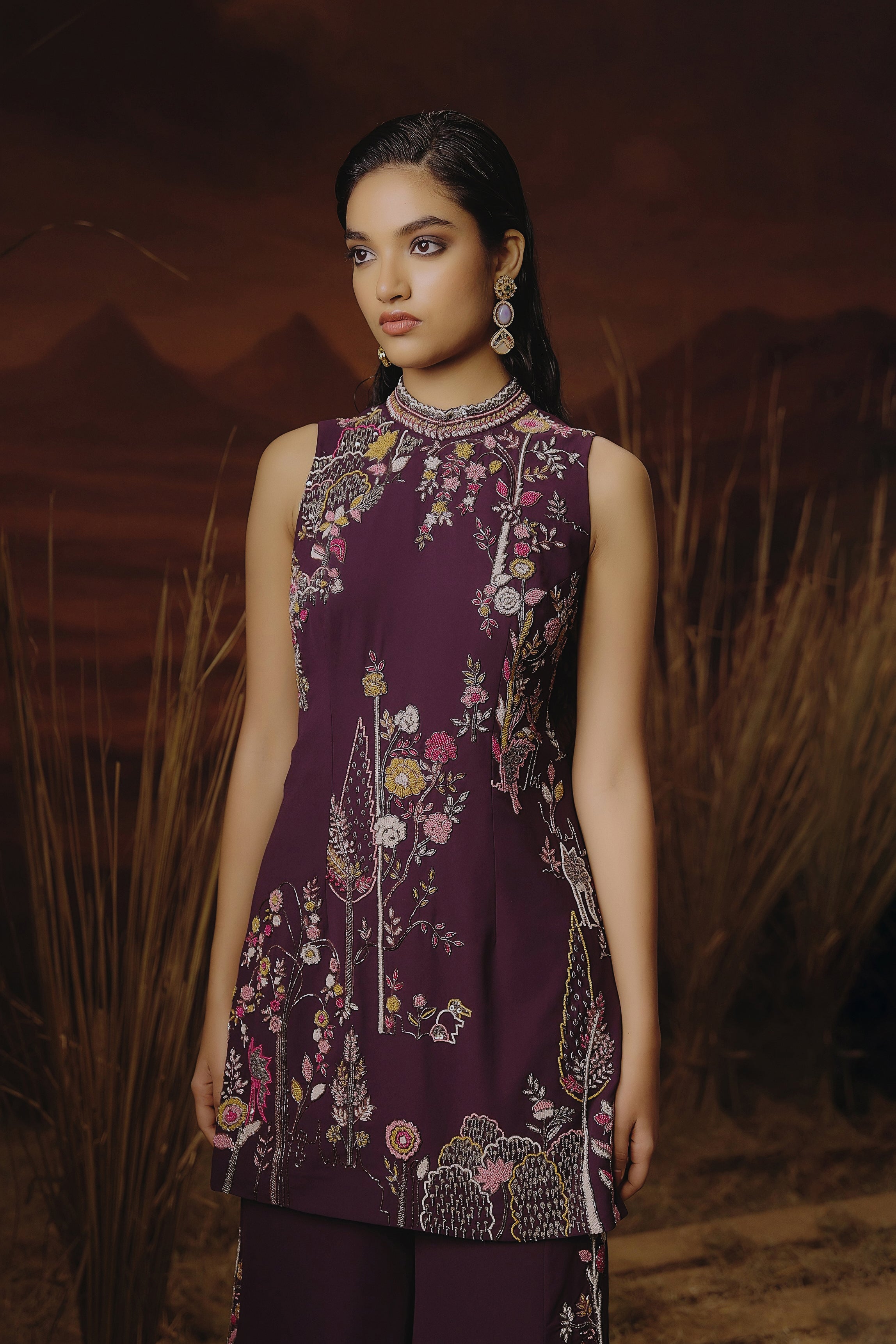 Deep Wine Embellished Georgette Silk Palazzo Set