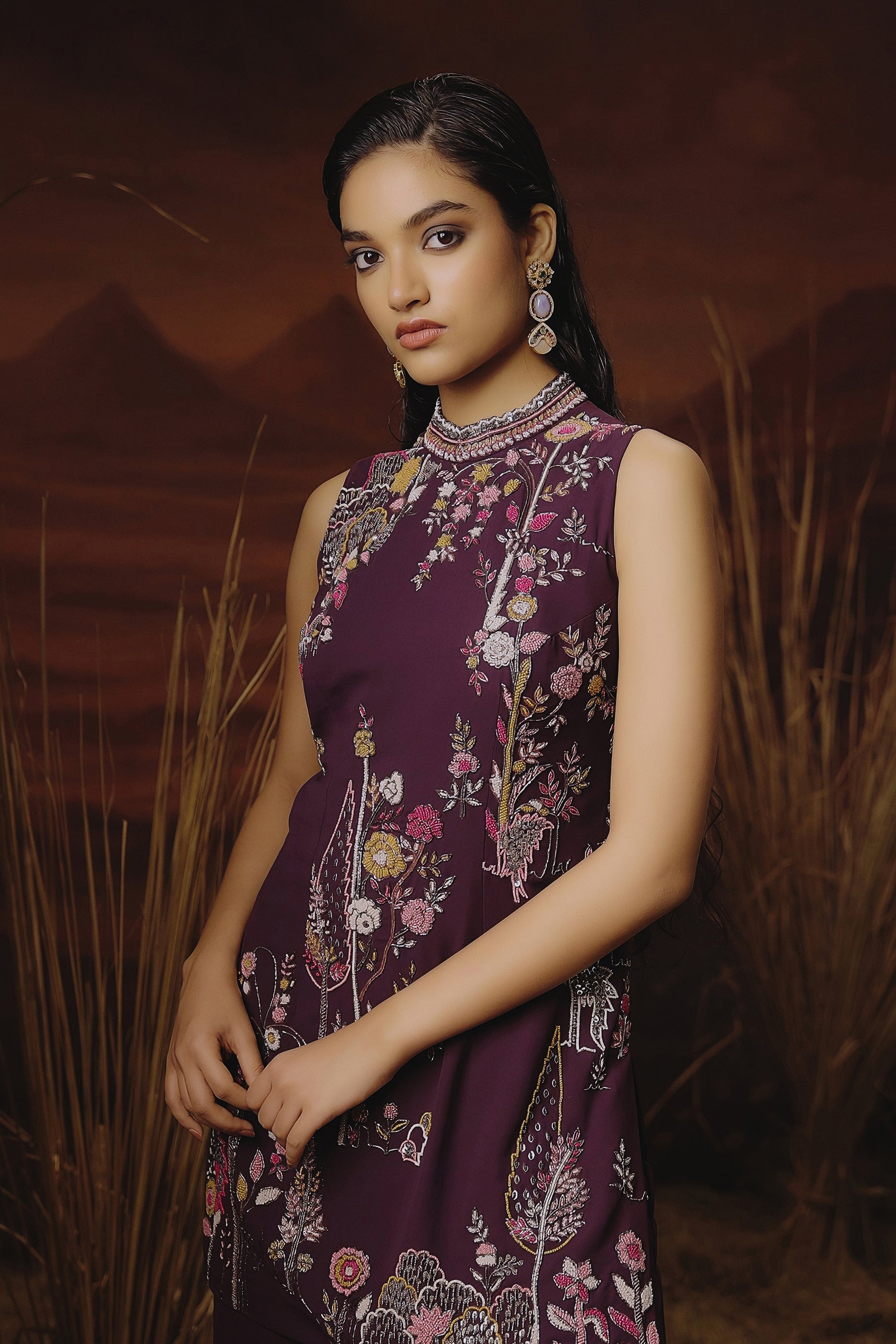 Deep Wine Embellished Georgette Silk Palazzo Set