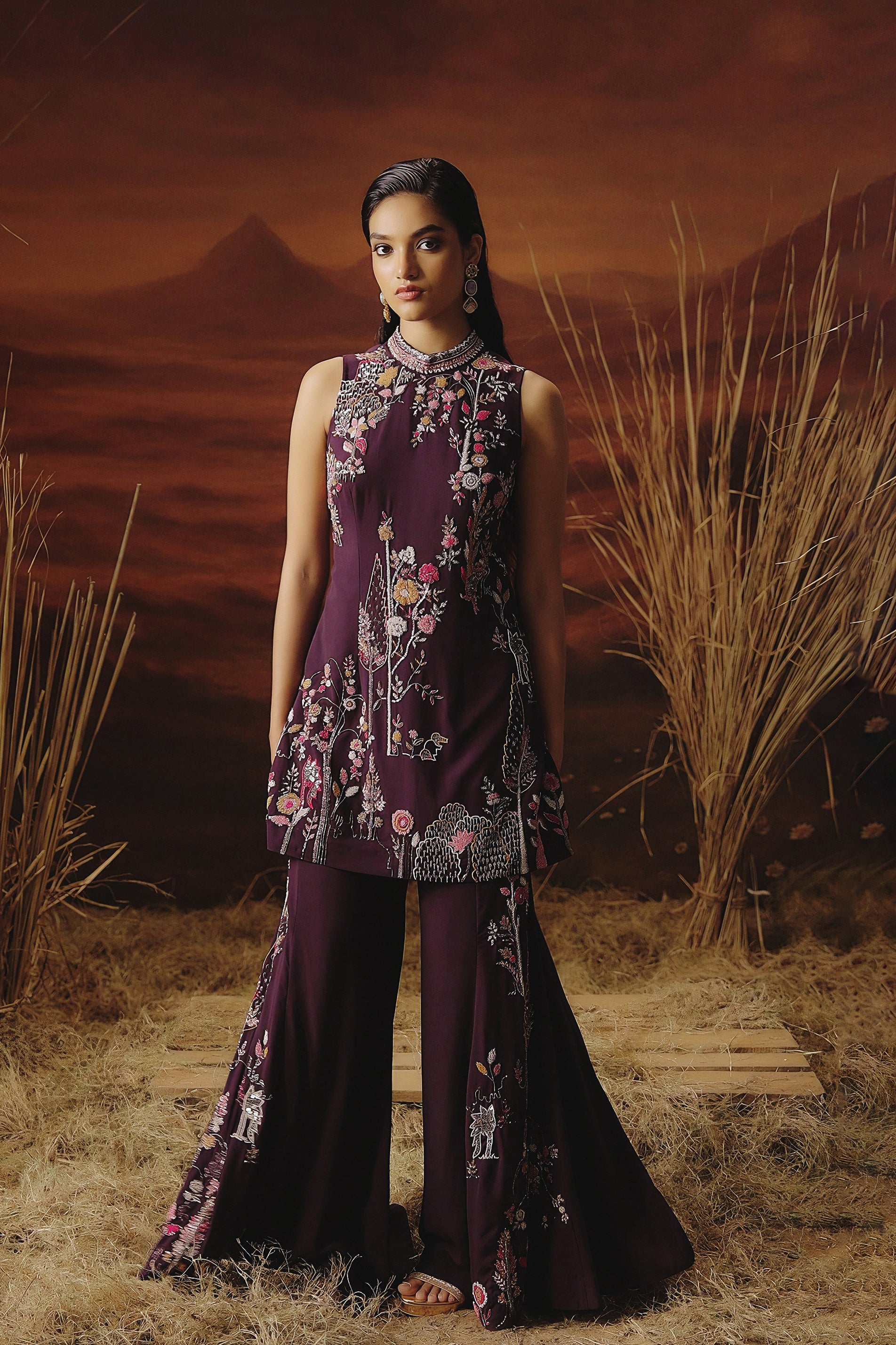 Deep Wine Embellished Georgette Silk Palazzo Set