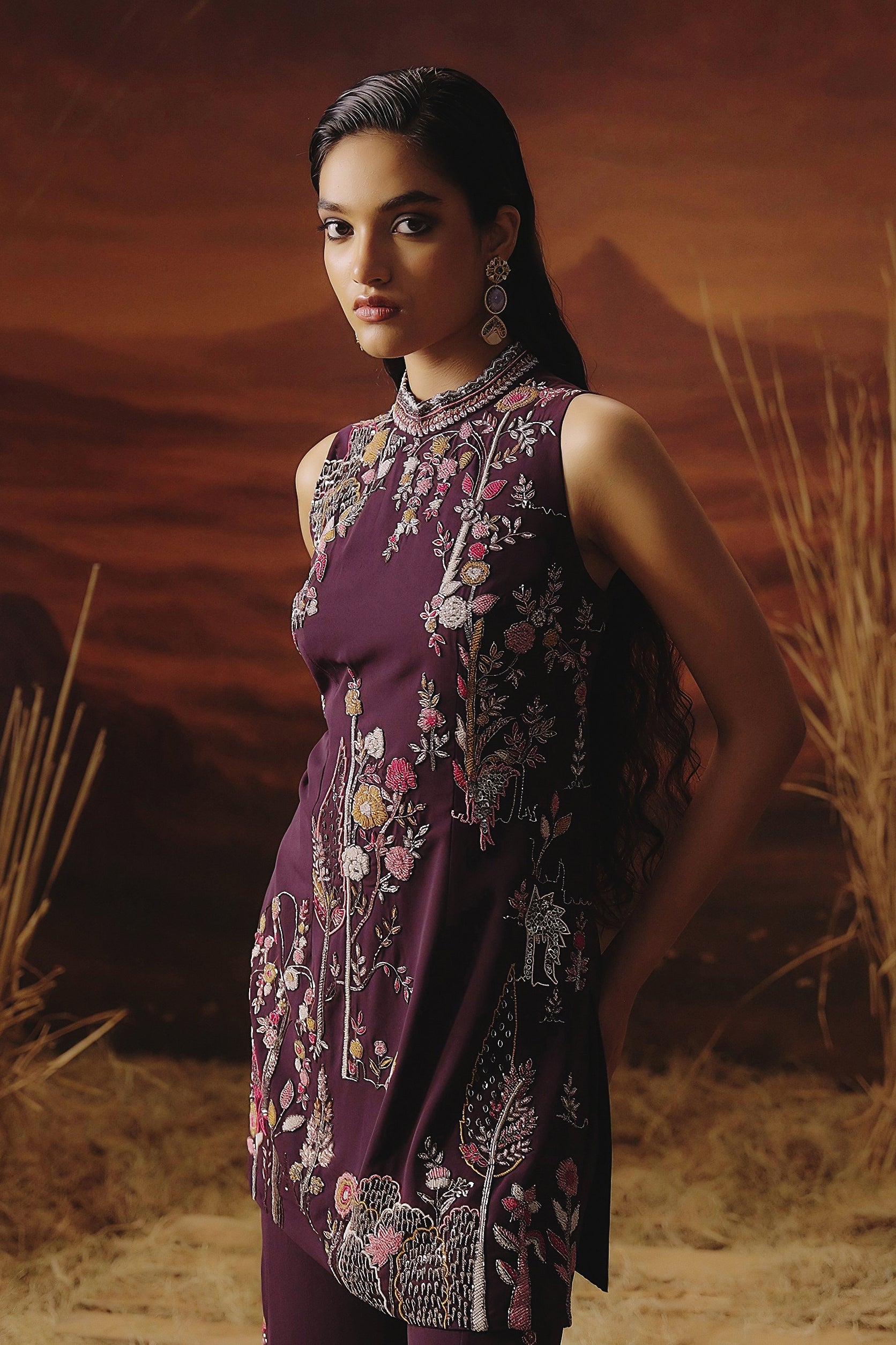 Deep Wine Embellished Georgette Silk Palazzo Set