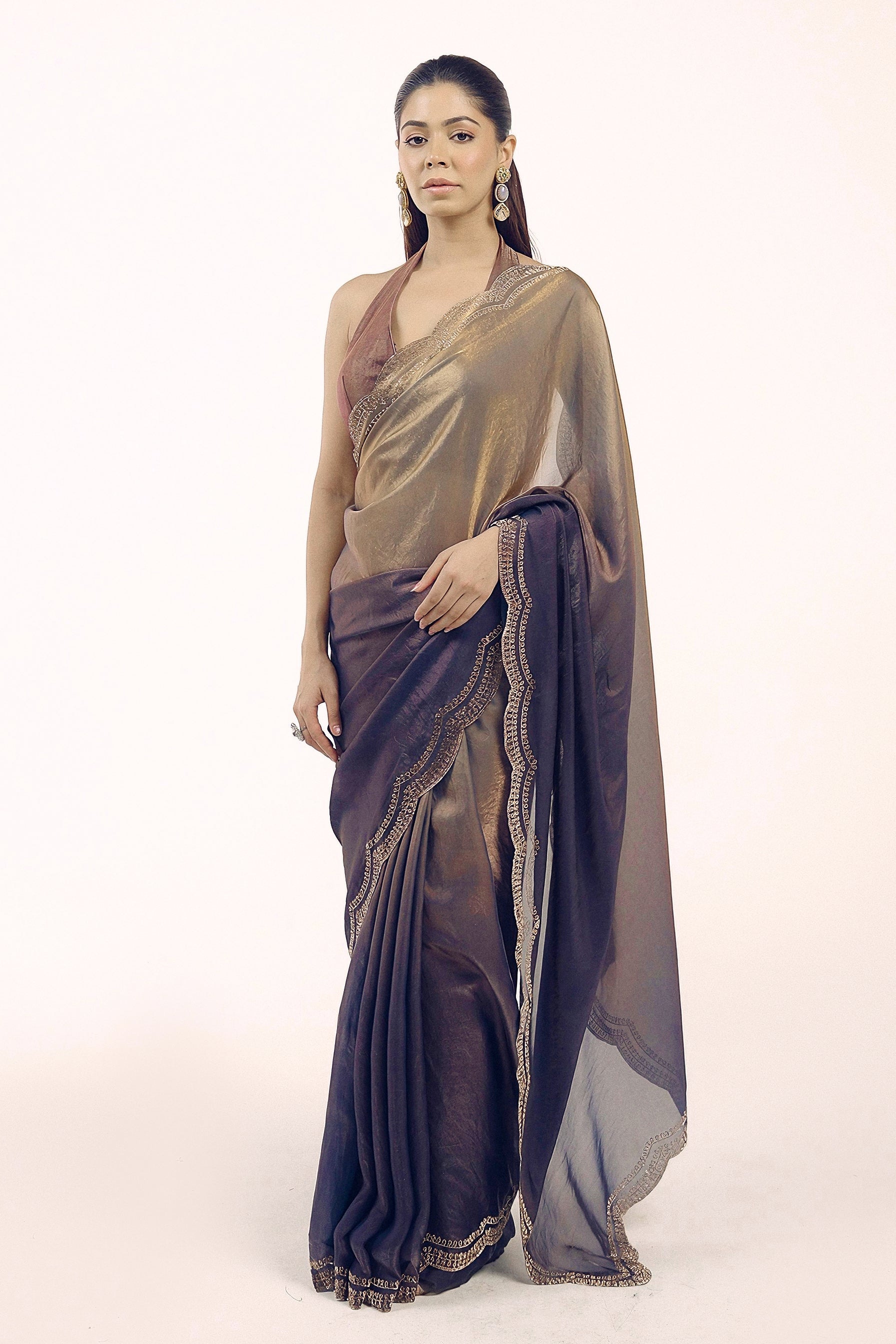 Deep Grey To Blue Ombre Shimmer Tissue Silk Saree
