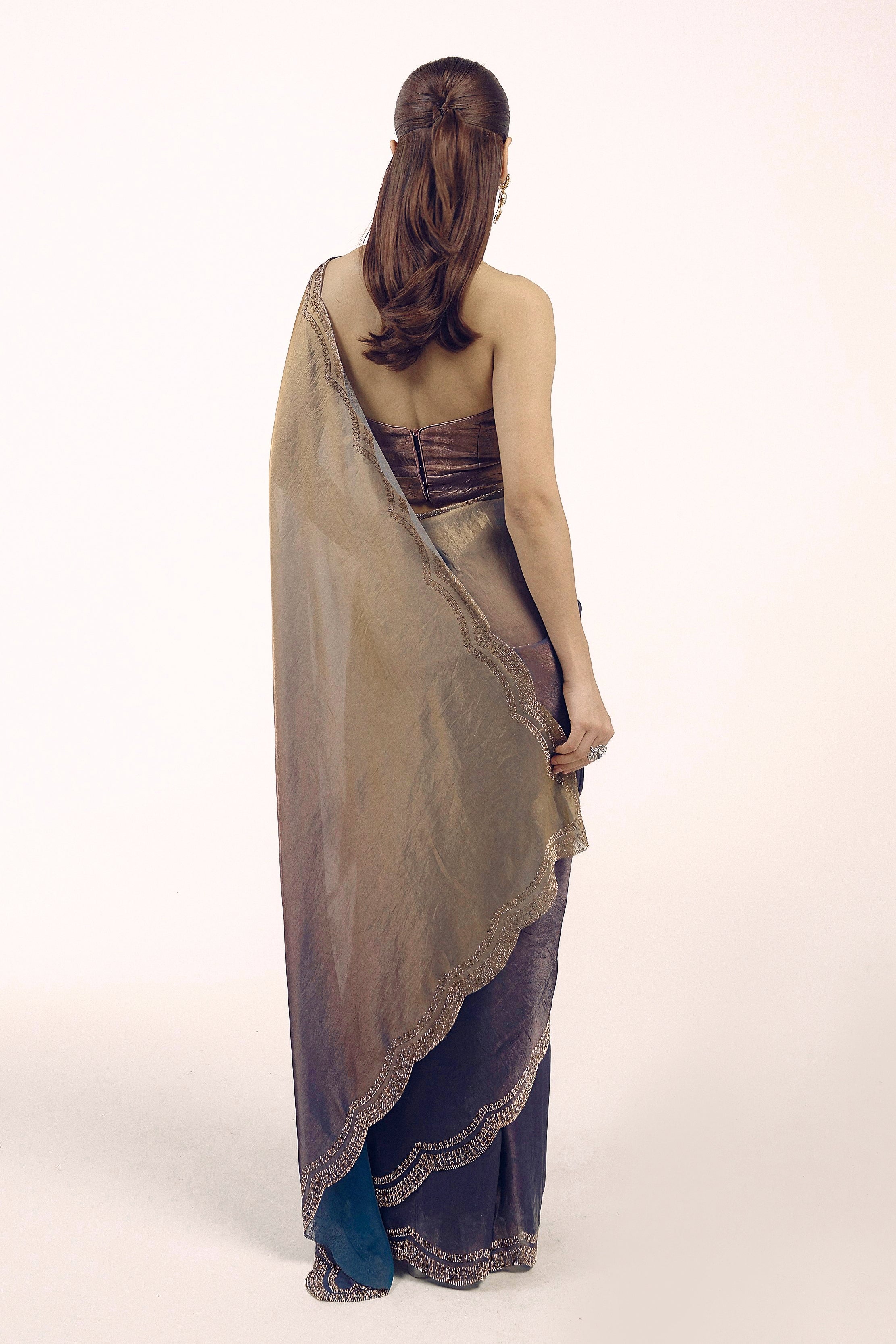 Deep Grey To Blue Ombre Shimmer Tissue Silk Saree