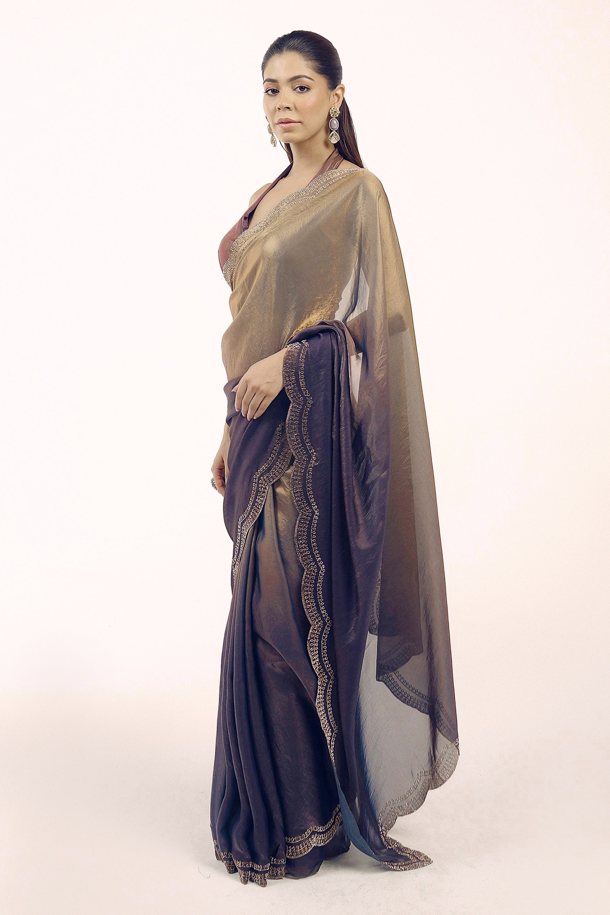 Deep Grey To Blue Ombre Shimmer Tissue Silk Saree