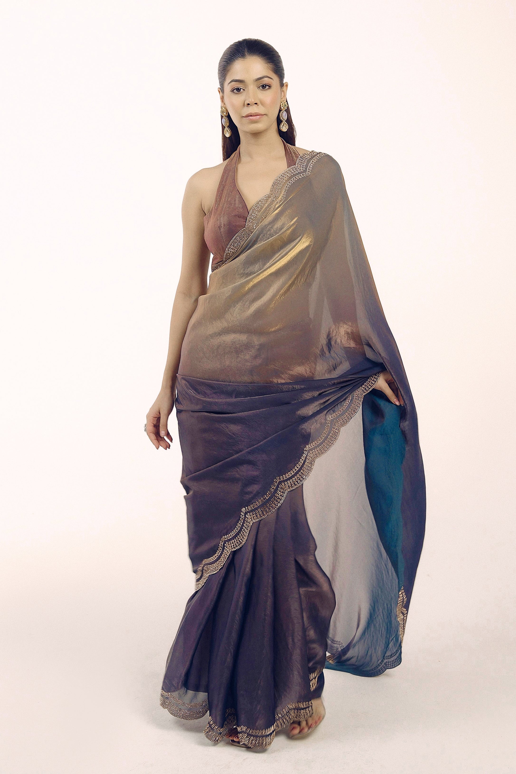 Deep Grey To Blue Ombre Shimmer Tissue Silk Saree