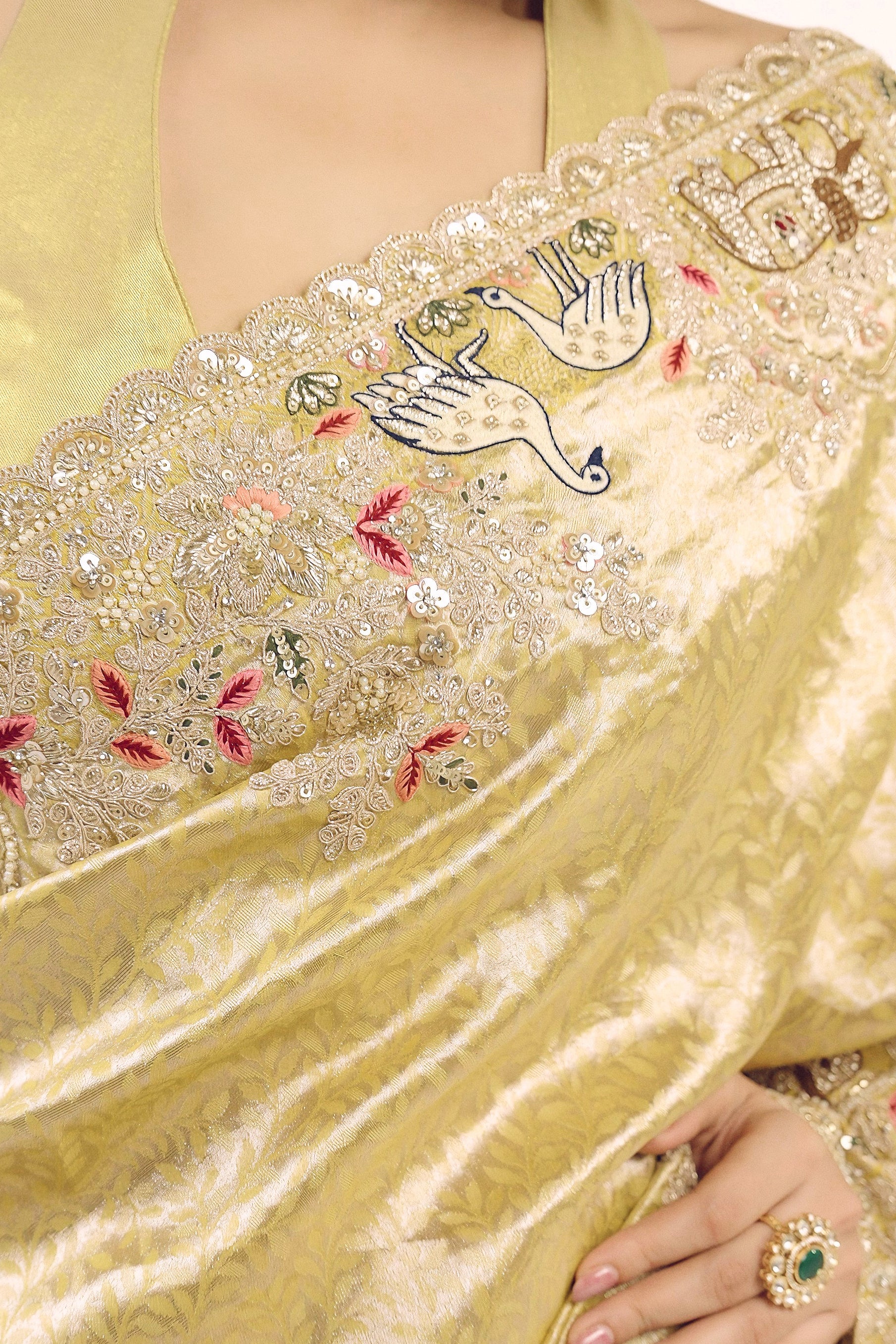 Champagne Gold Embellished Shimmer Tissue Silk Saree