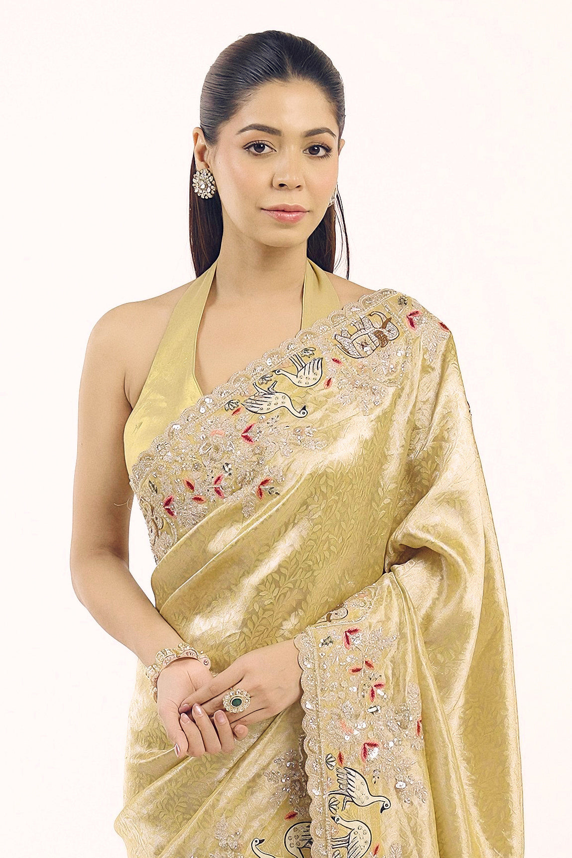 Champagne Gold Embellished Shimmer Tissue Silk Saree