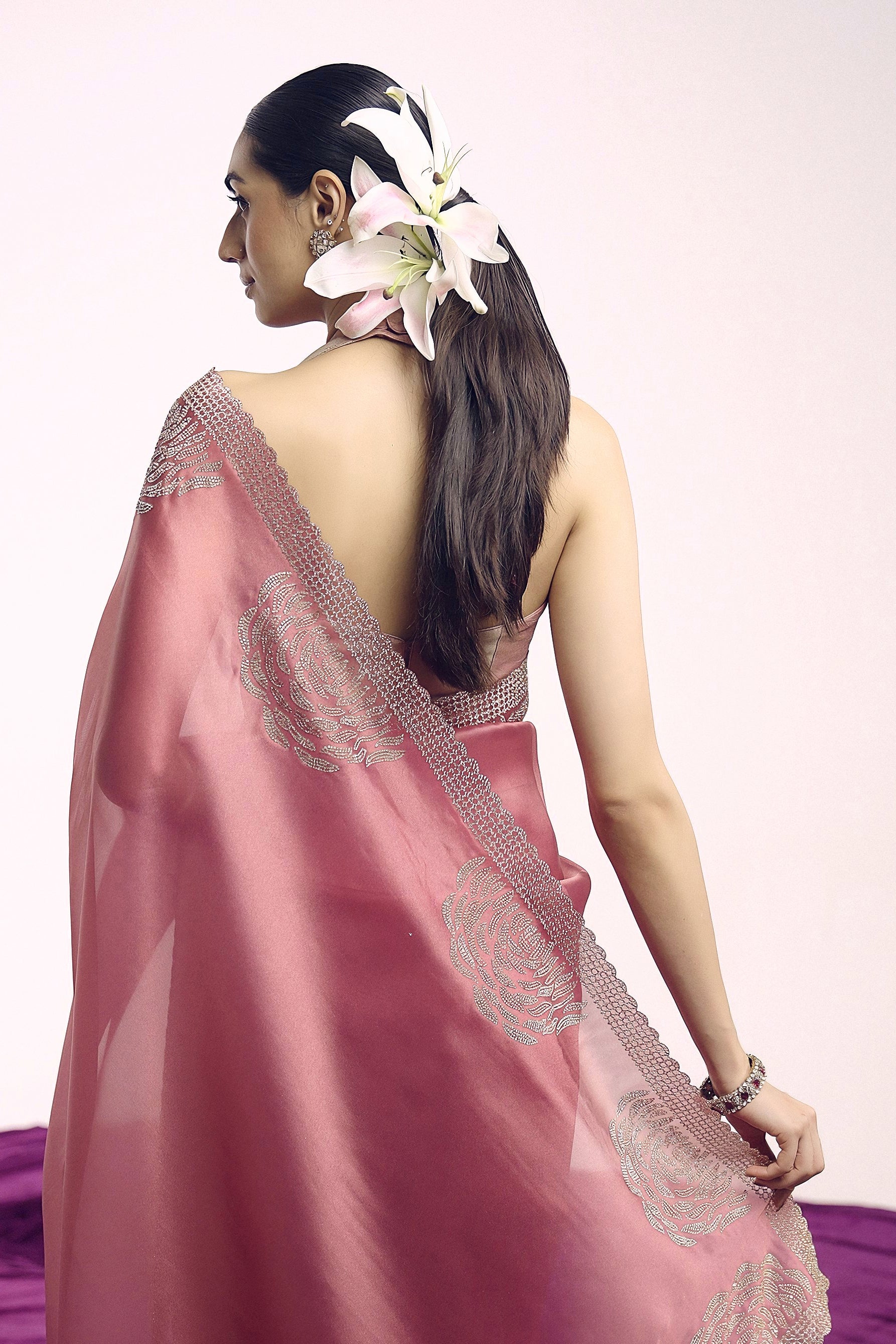 Dusty Rose Embellished Shimmer Tissue Silk Saree