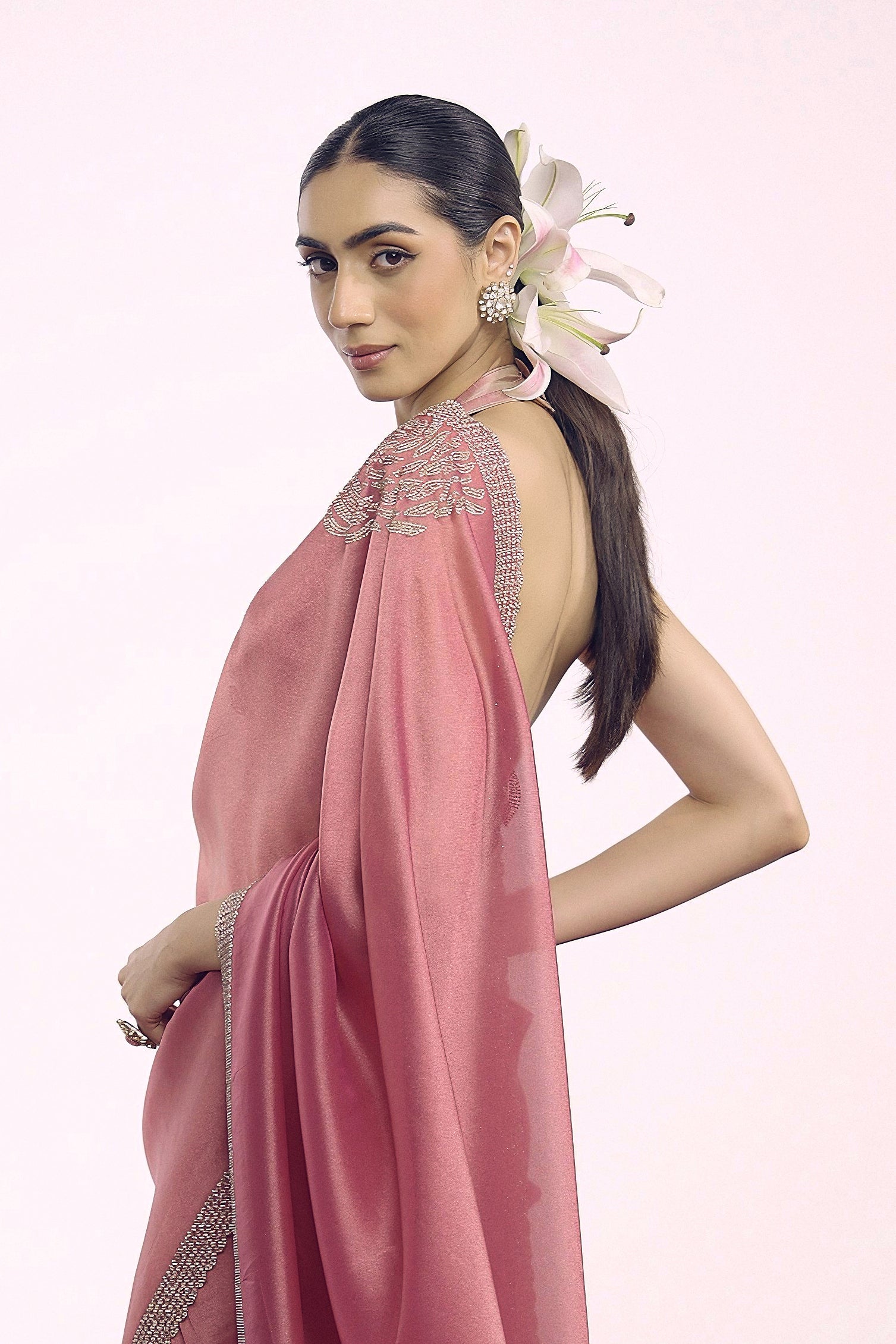 Dusty Rose Embellished Shimmer Tissue Silk Saree