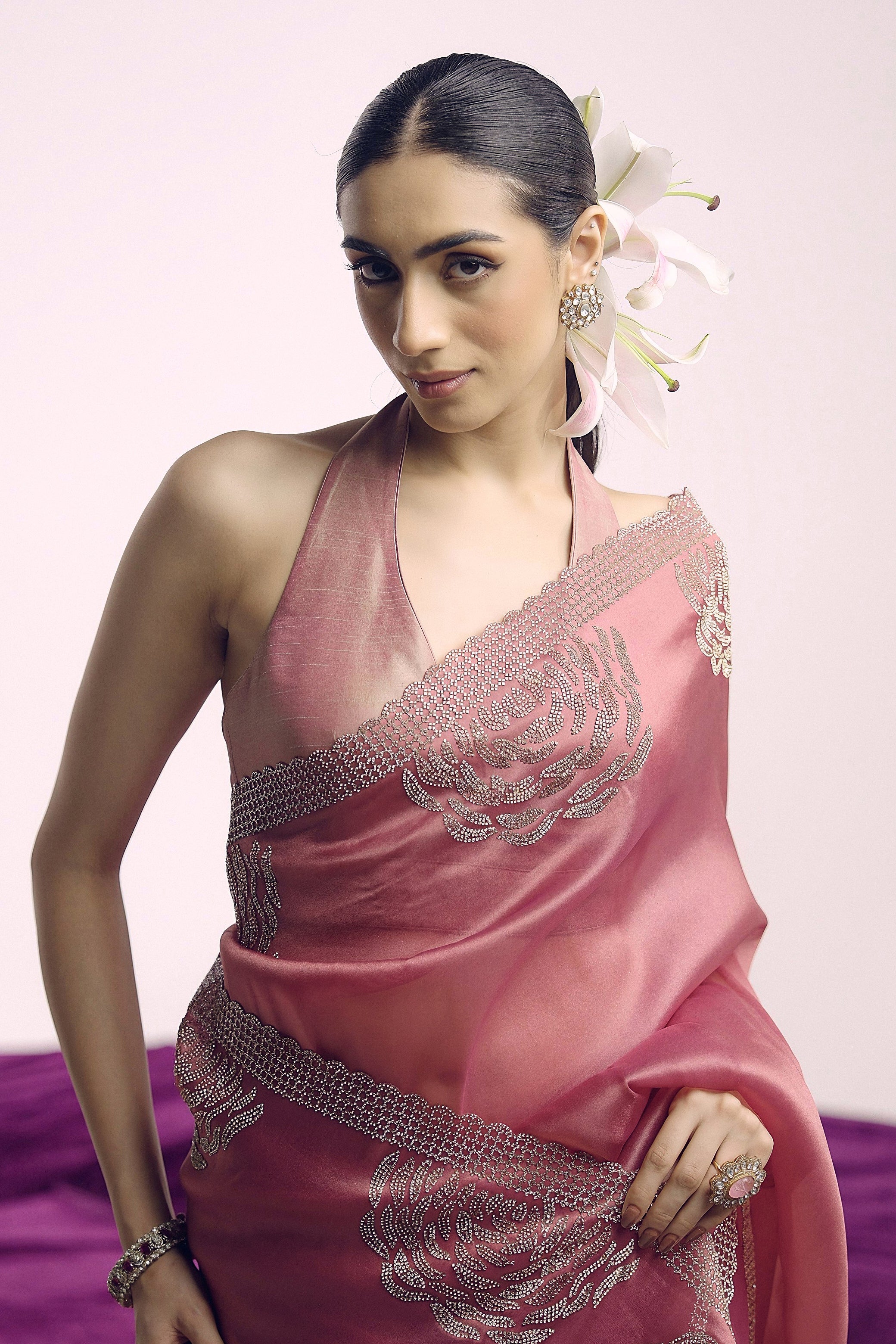 Dusty Rose Embellished Shimmer Tissue Silk Saree