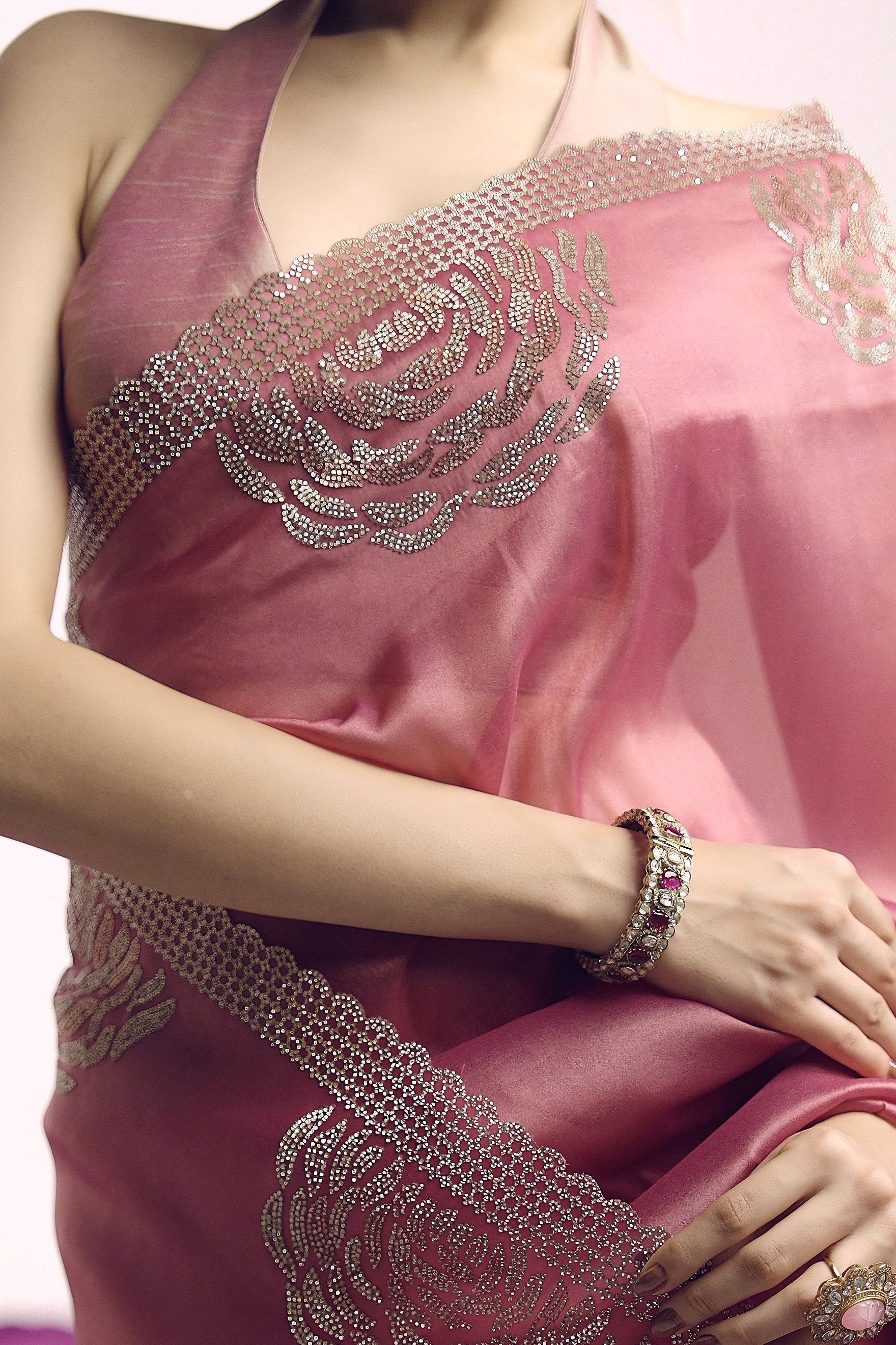 Dusty Rose Embellished Shimmer Tissue Silk Saree