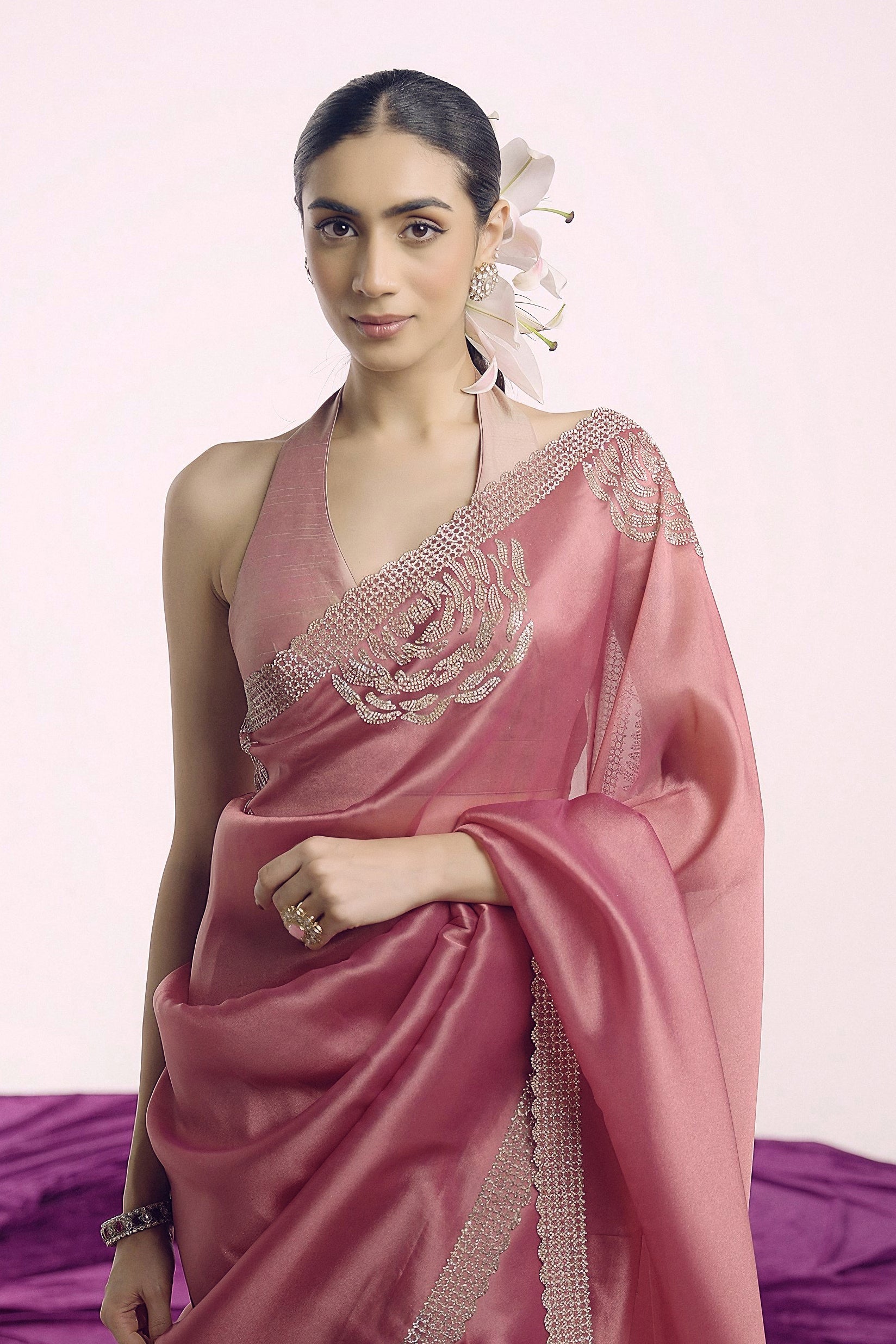 Dusty Rose Embellished Shimmer Tissue Silk Saree