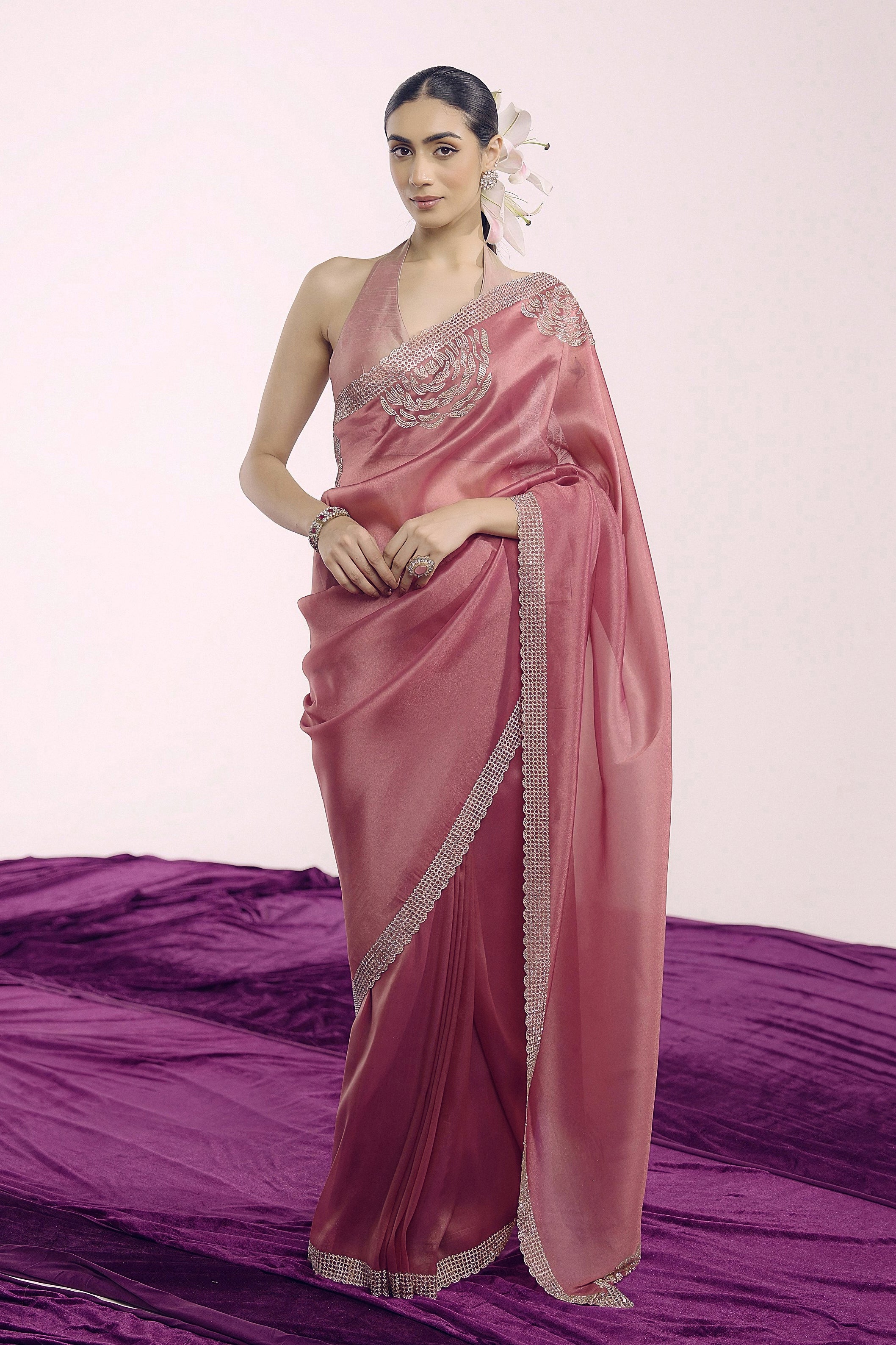 Dusty Rose Embellished Shimmer Tissue Silk Saree