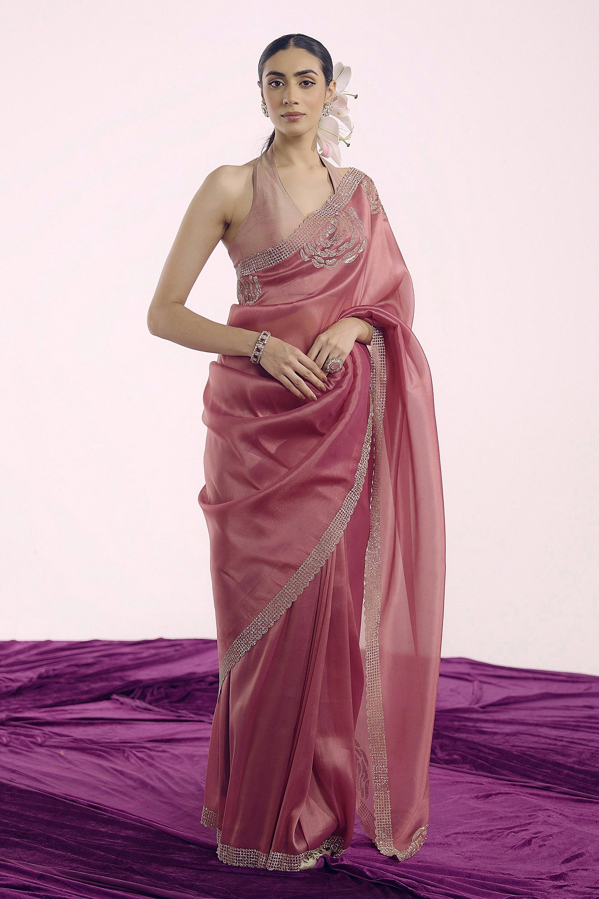 Dusty Rose Embellished Shimmer Tissue Silk Saree