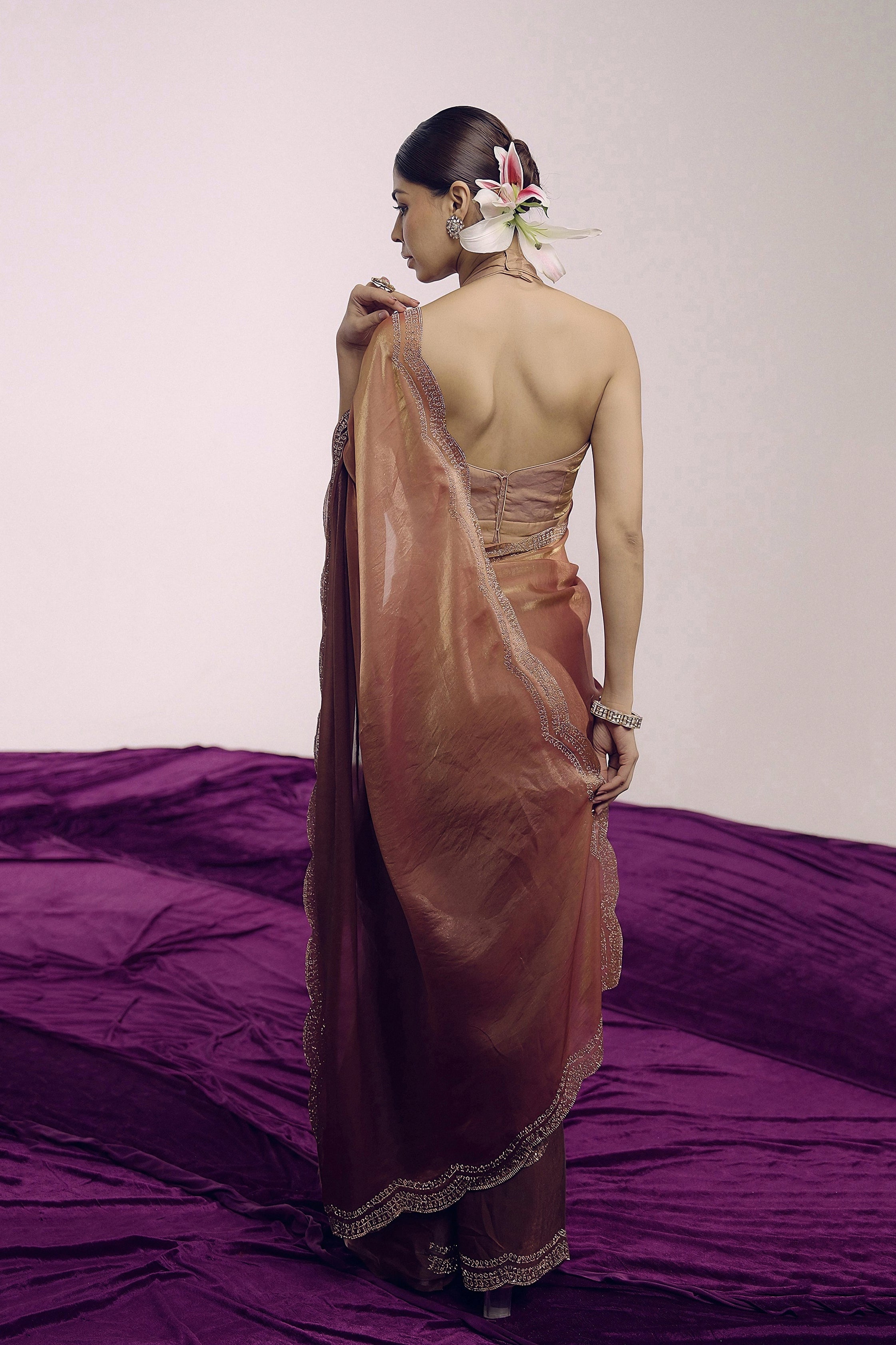 Copper To Rust Ombre Shimmer Tissue Silk Saree
