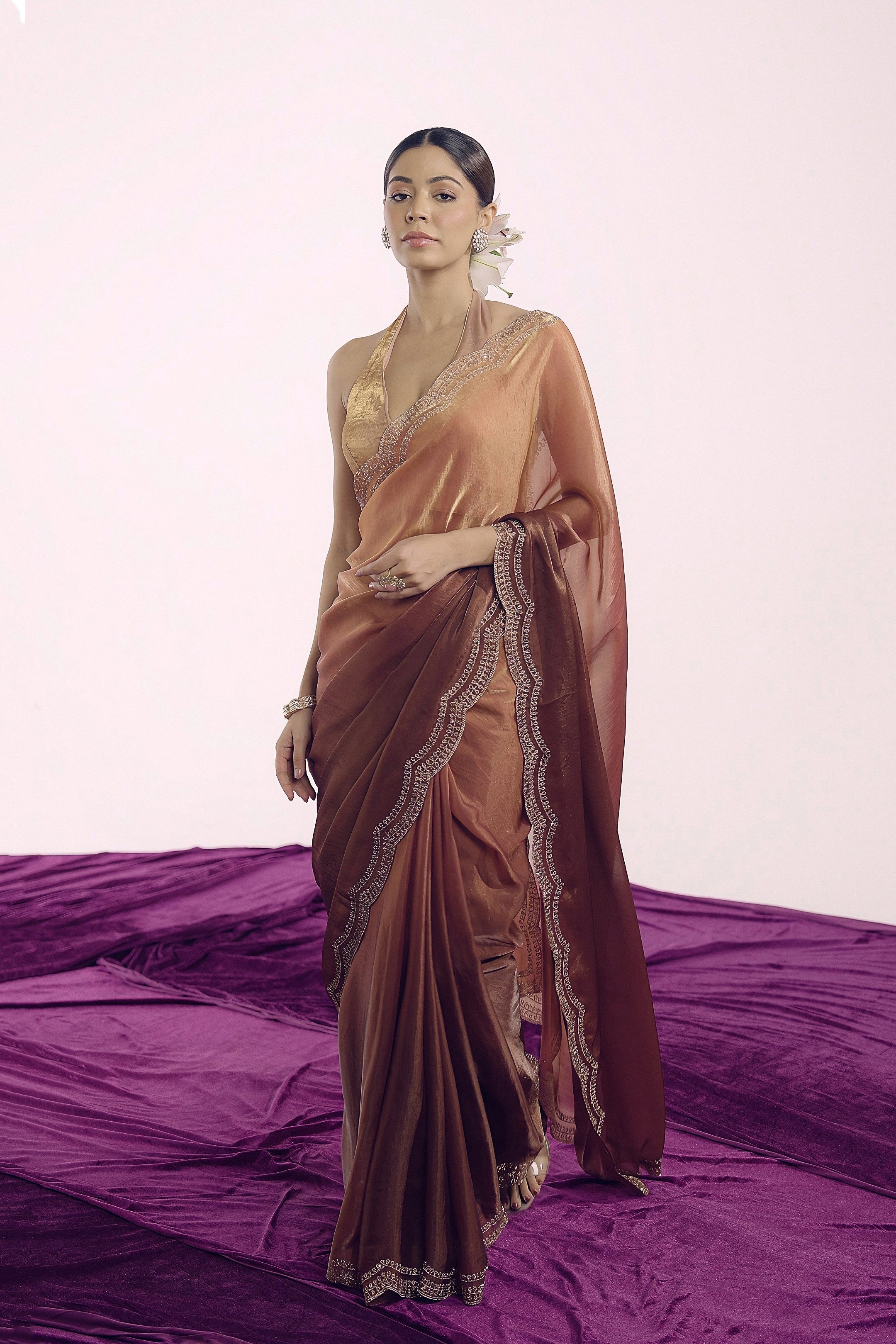 Copper To Rust Ombre Shimmer Tissue Silk Saree