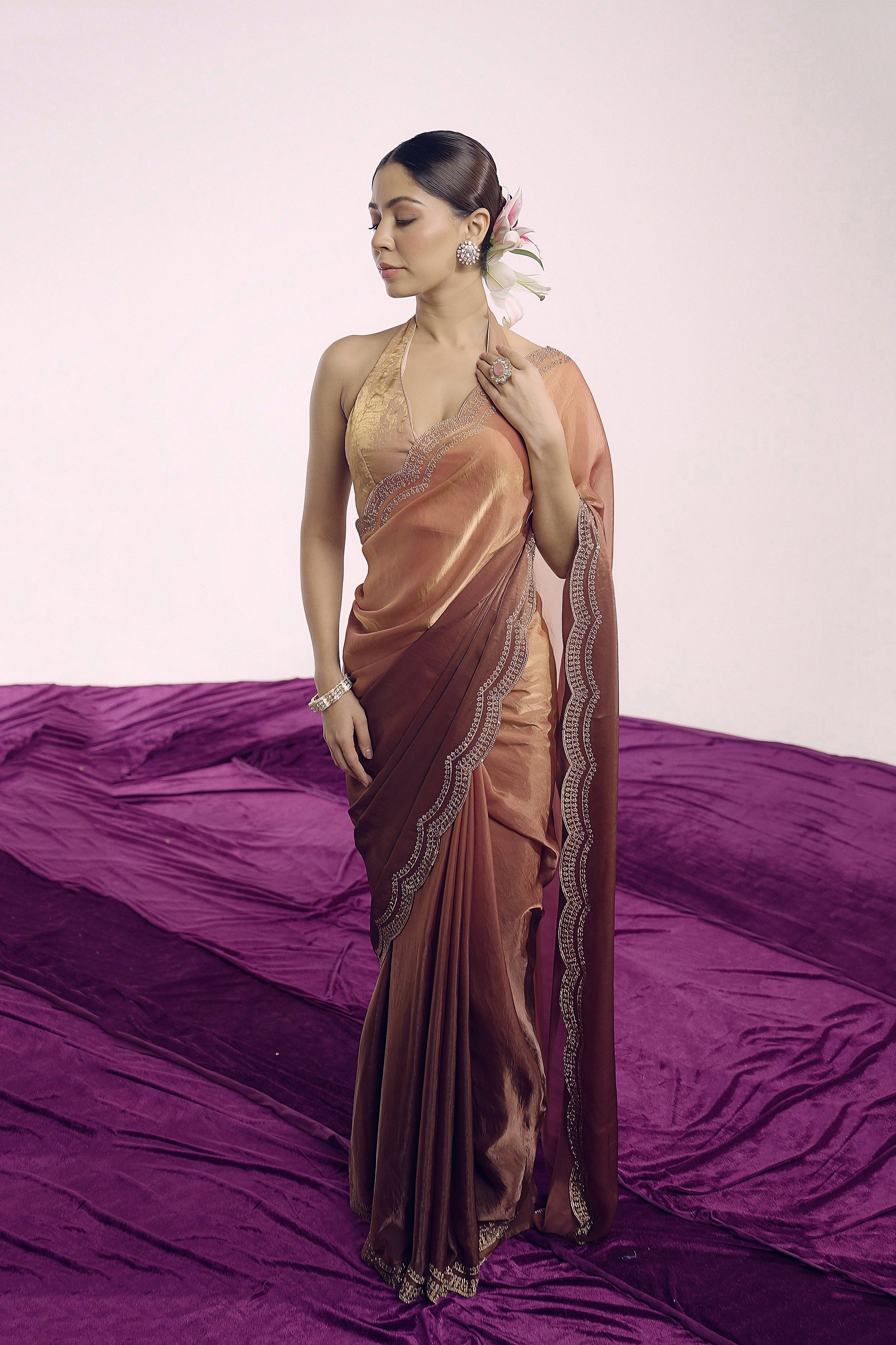 Copper To Rust Ombre Shimmer Tissue Silk Saree