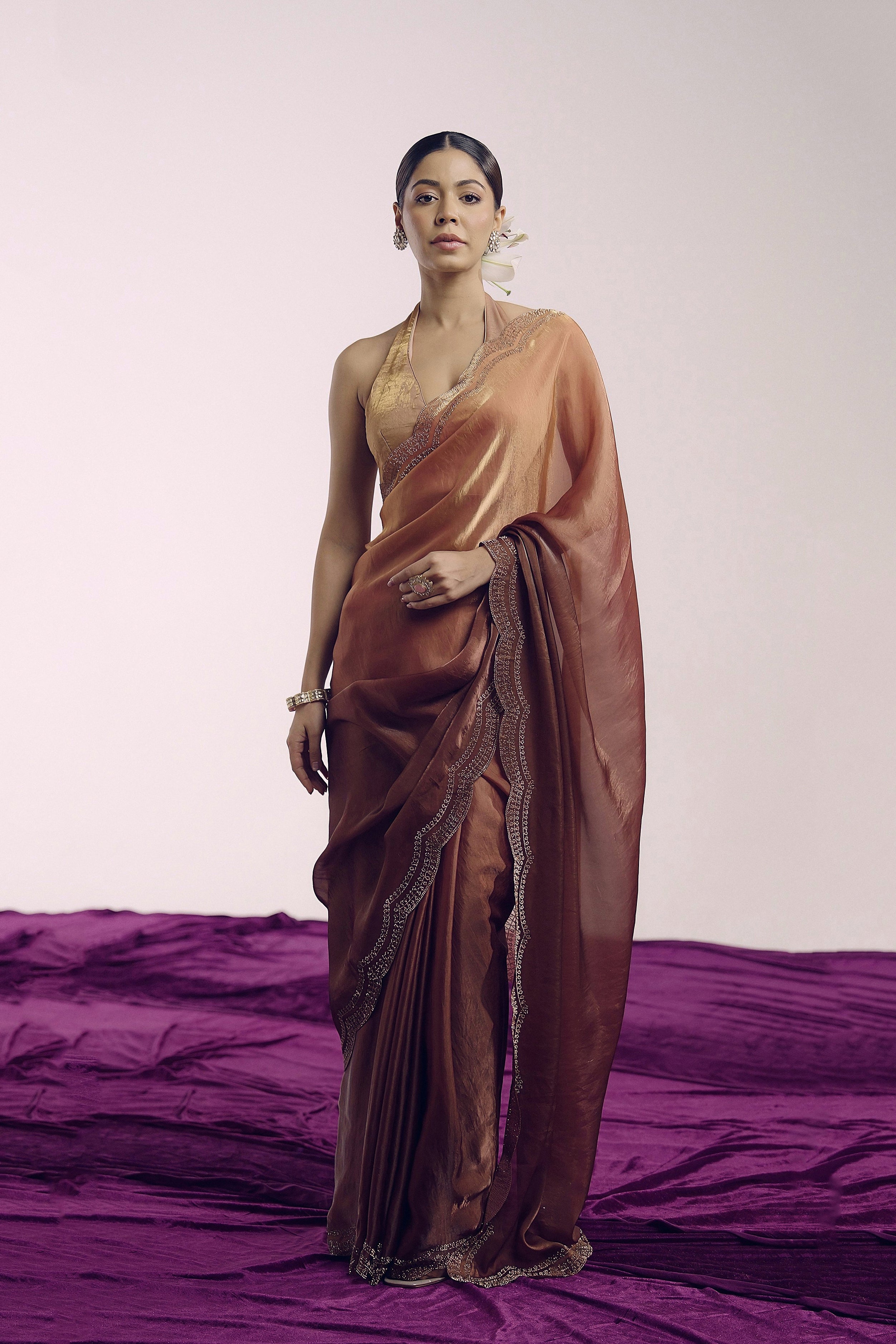 Copper To Rust Ombre Shimmer Tissue Silk Saree
