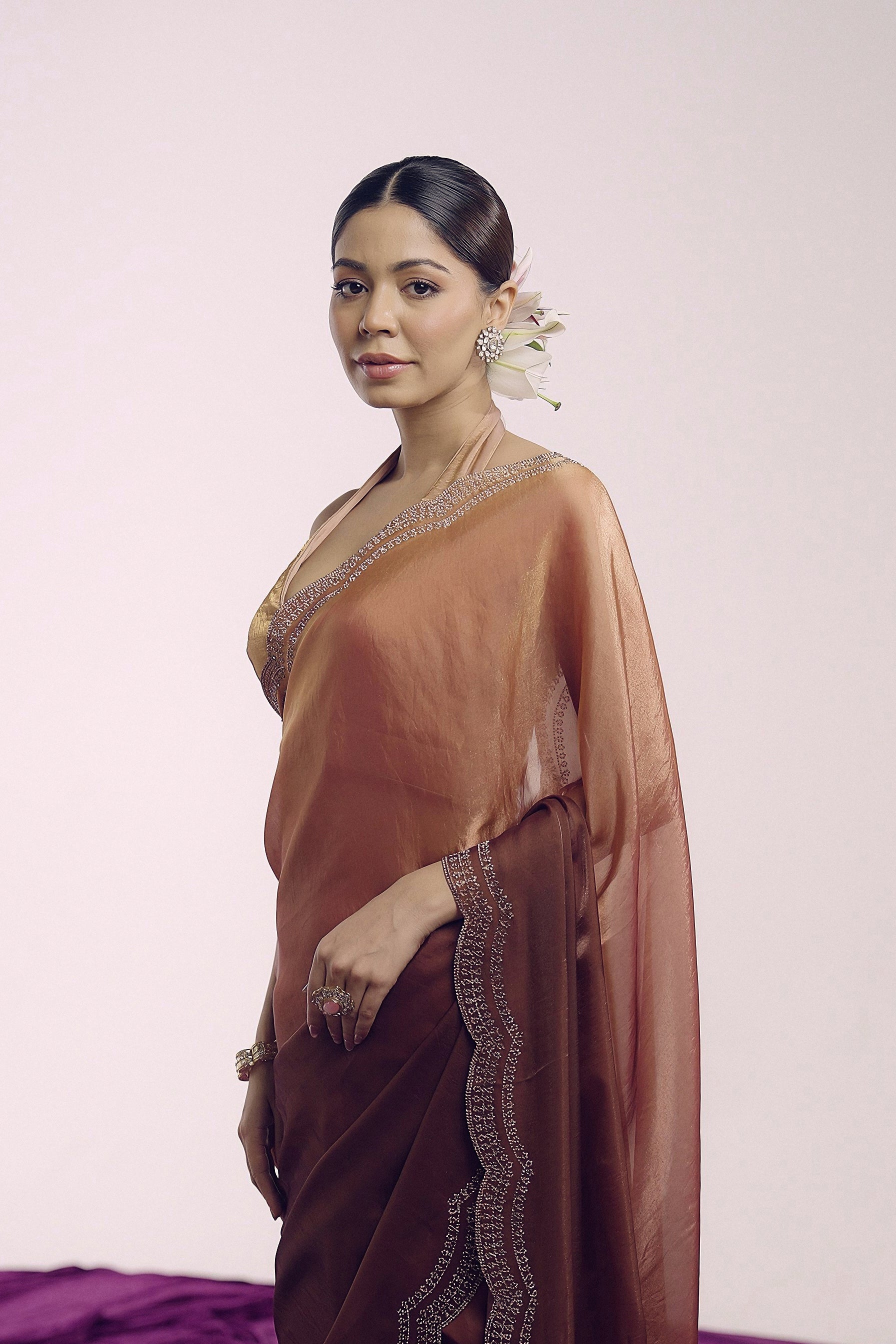 Copper To Rust Ombre Shimmer Tissue Silk Saree