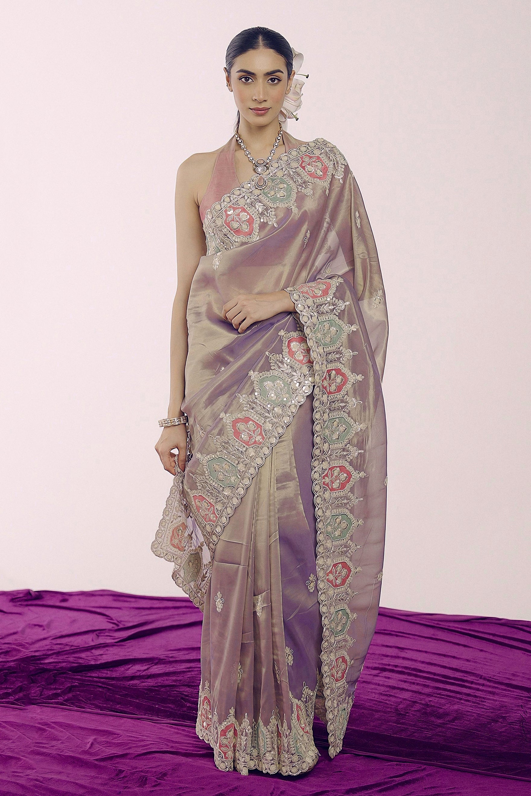 Moonlit Mauve Embellished Shimmer Tissue Silk Saree