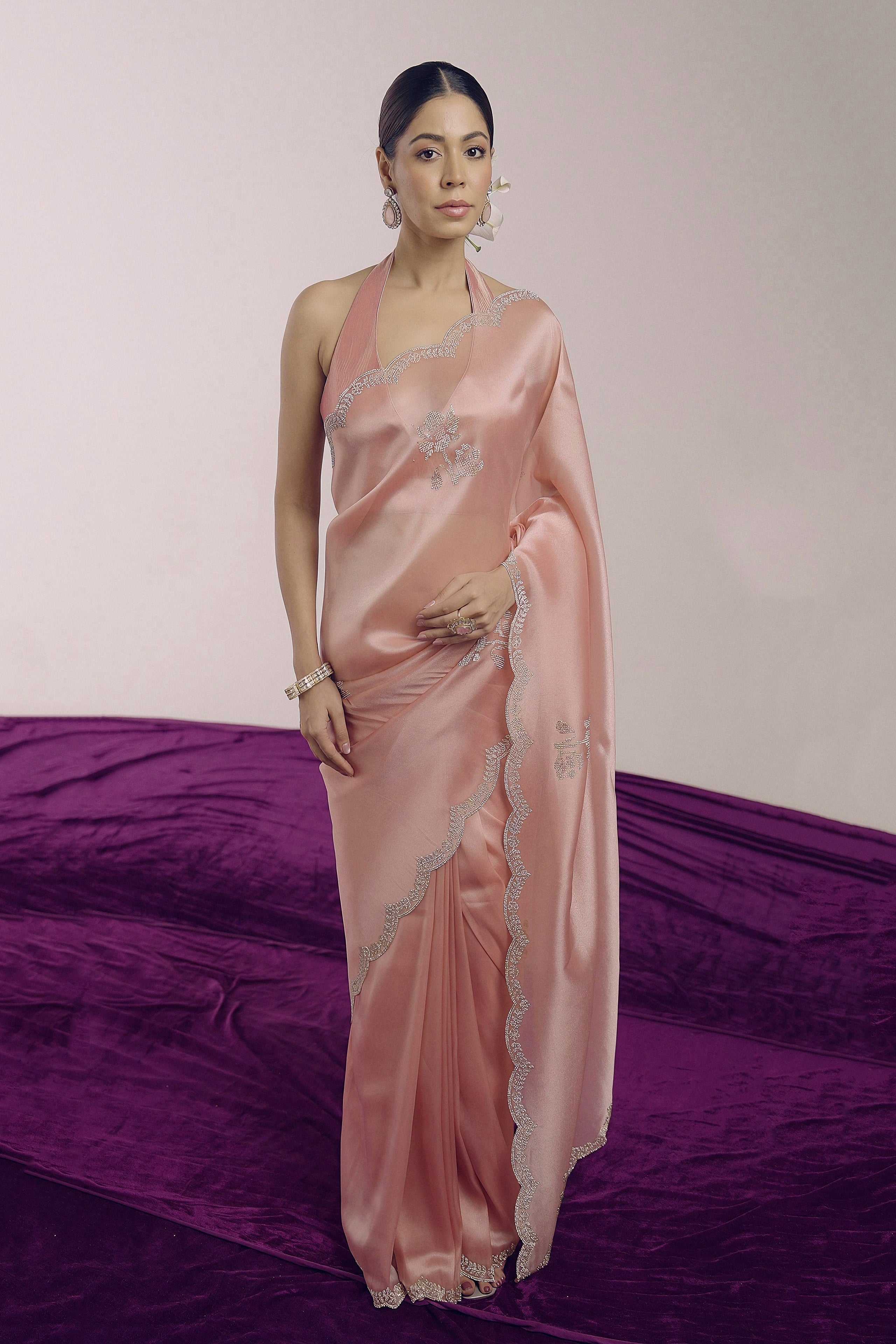 Blush Pink Embellished Shimmer Tissue Silk Saree