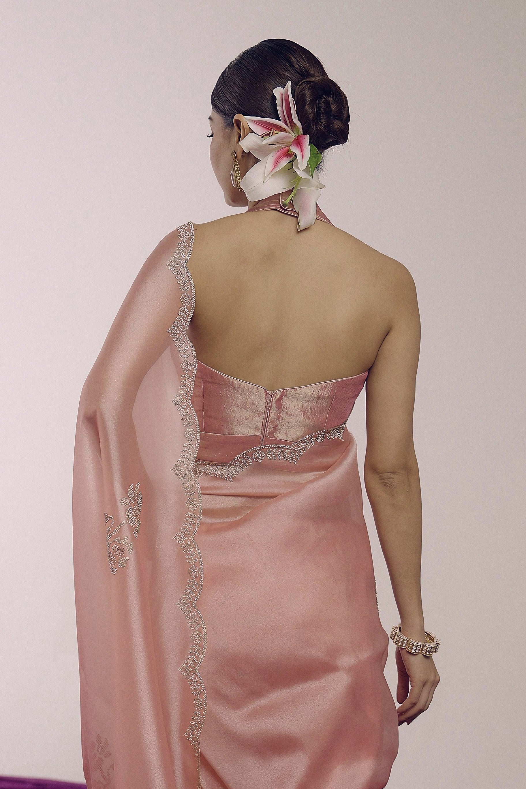 Blush Pink Embellished Shimmer Tissue Silk Saree