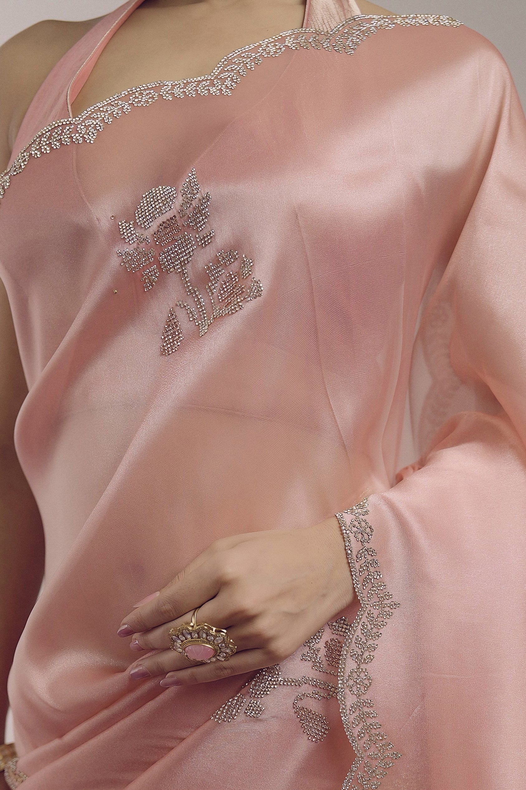 Blush Pink Embellished Shimmer Tissue Silk Saree