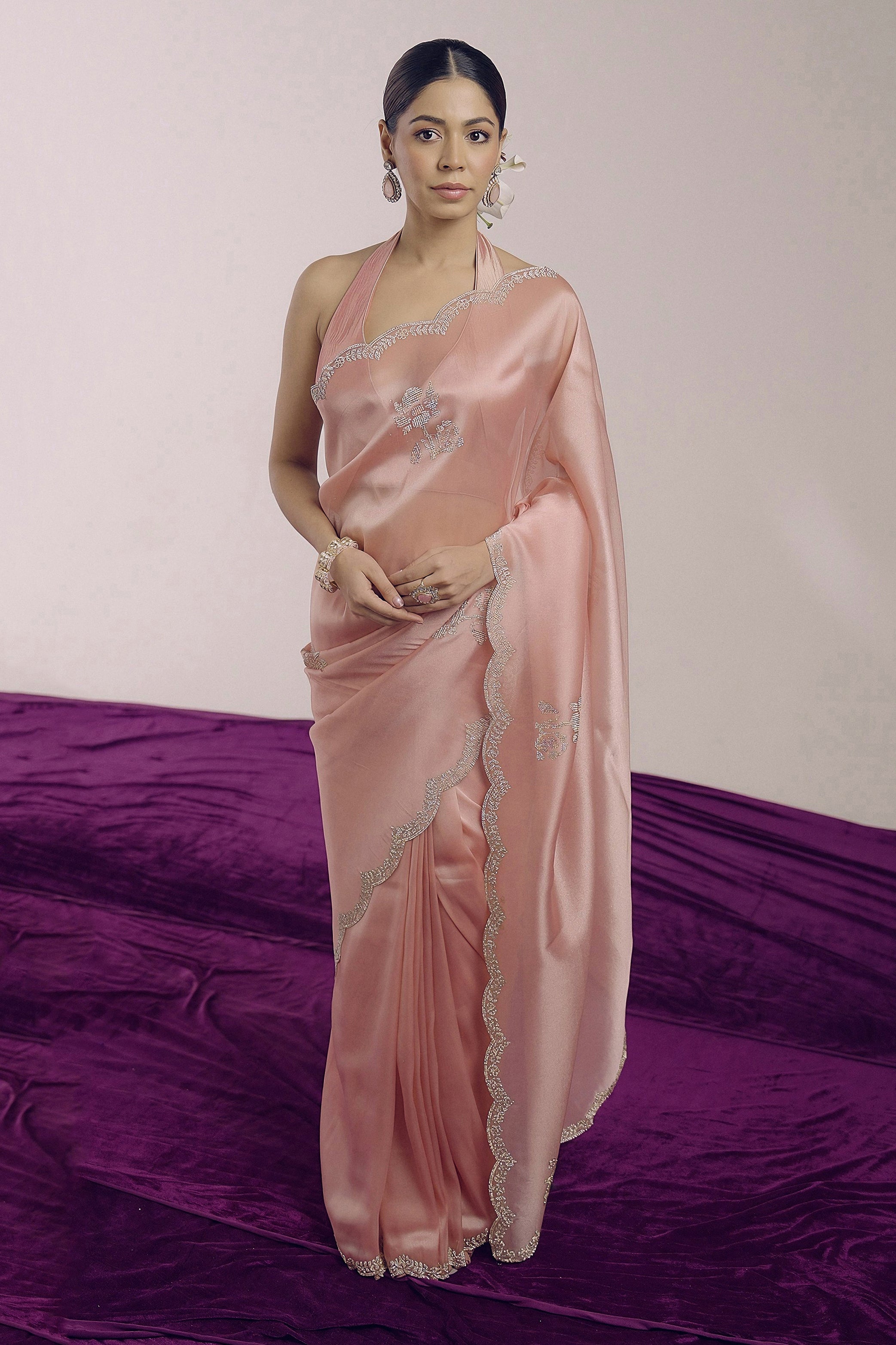 Blush Pink Embellished Shimmer Tissue Silk Saree