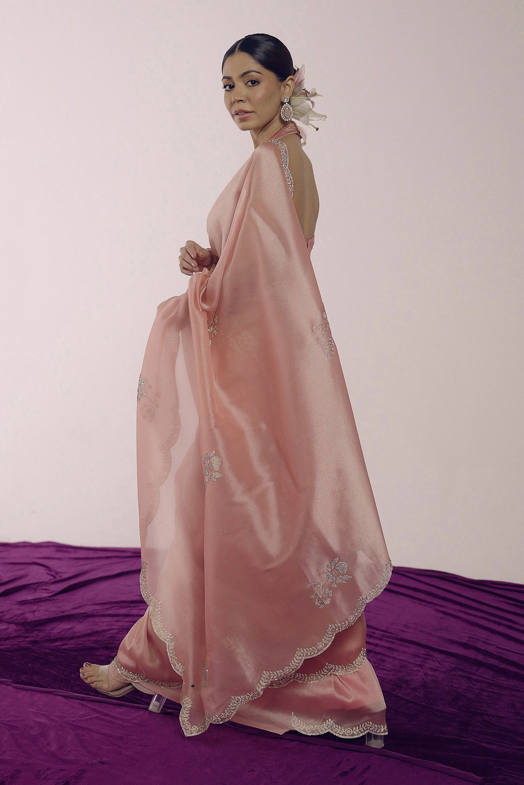 Blush Pink Embellished Shimmer Tissue Silk Saree