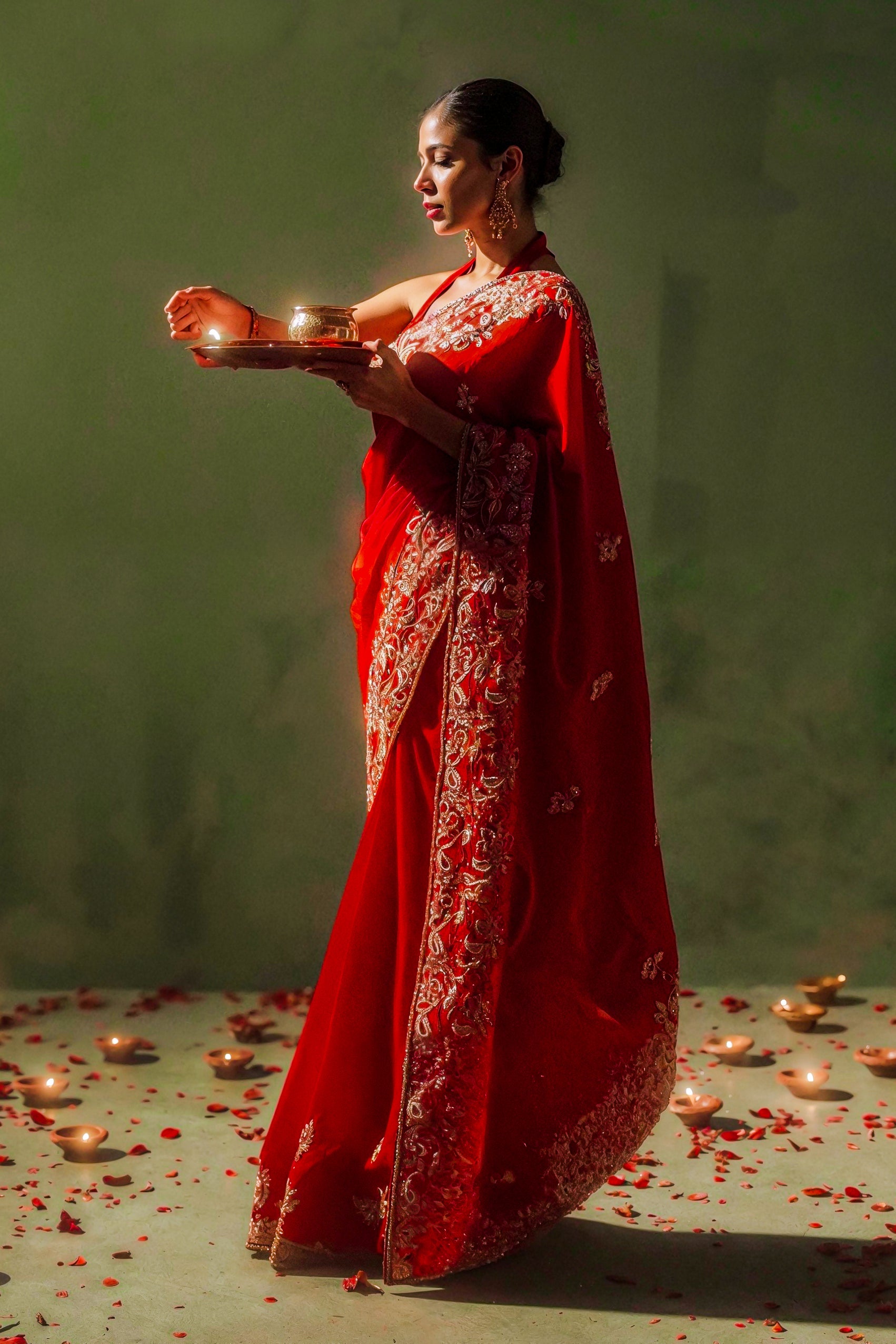 Bright Red Embellished Premium Silk Saree