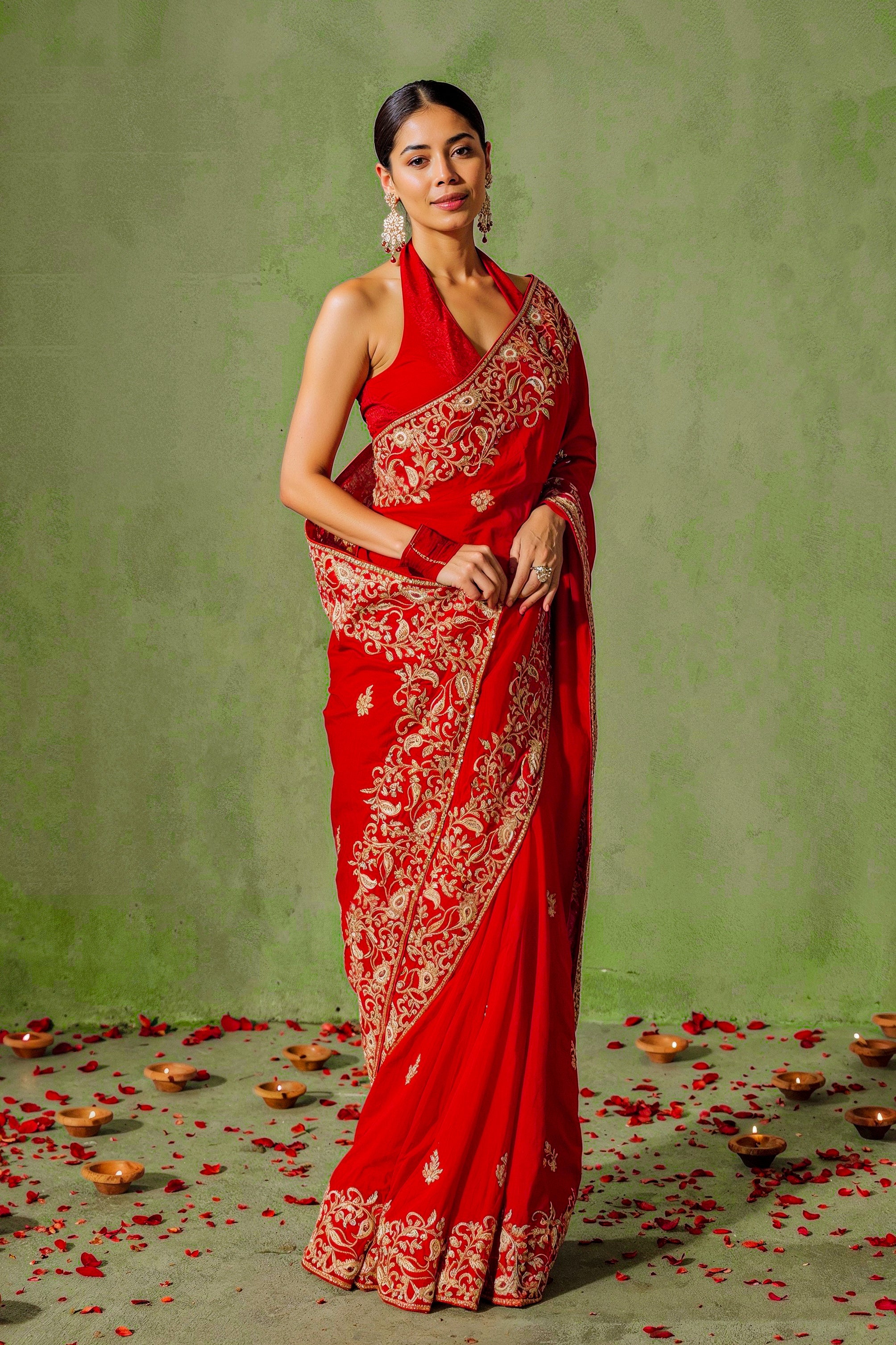 Bright Red Embellished Premium Silk Saree