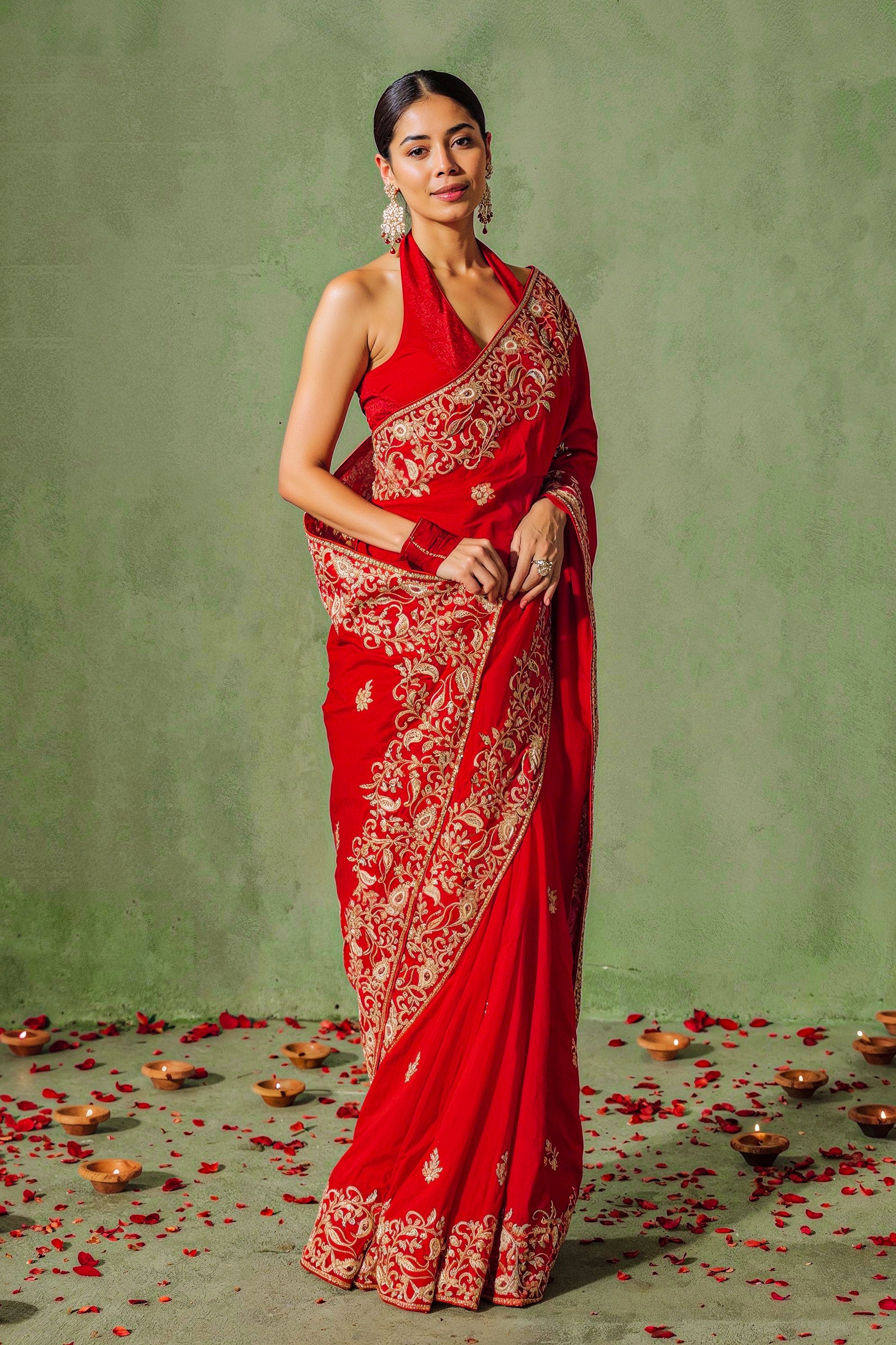 Bright Red Embellished Premium Silk Saree