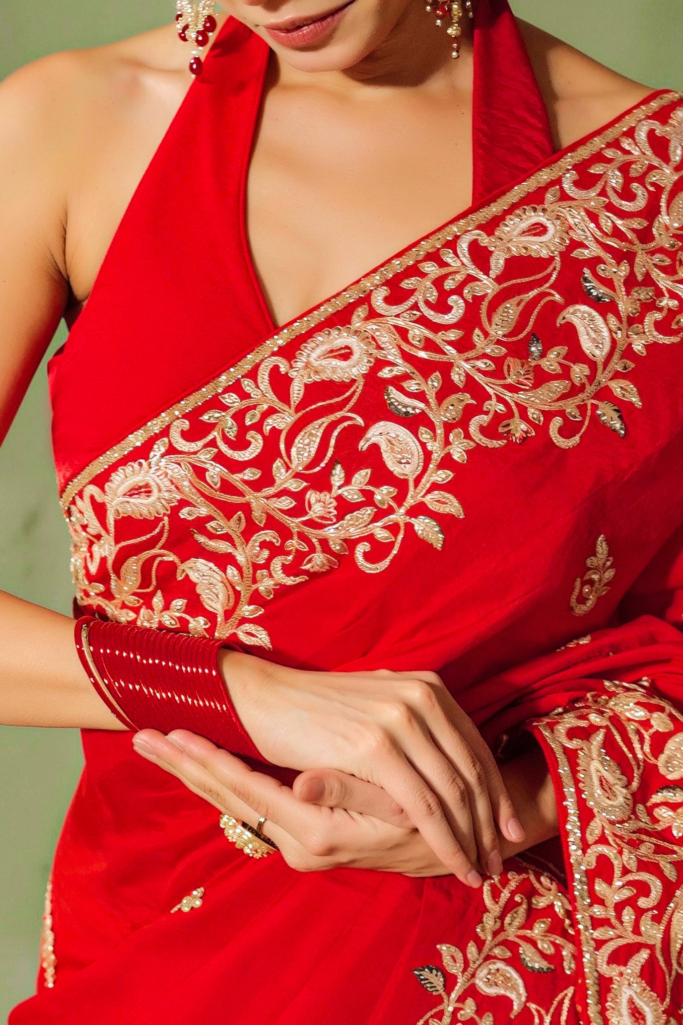 Bright Red Embellished Premium Silk Saree
