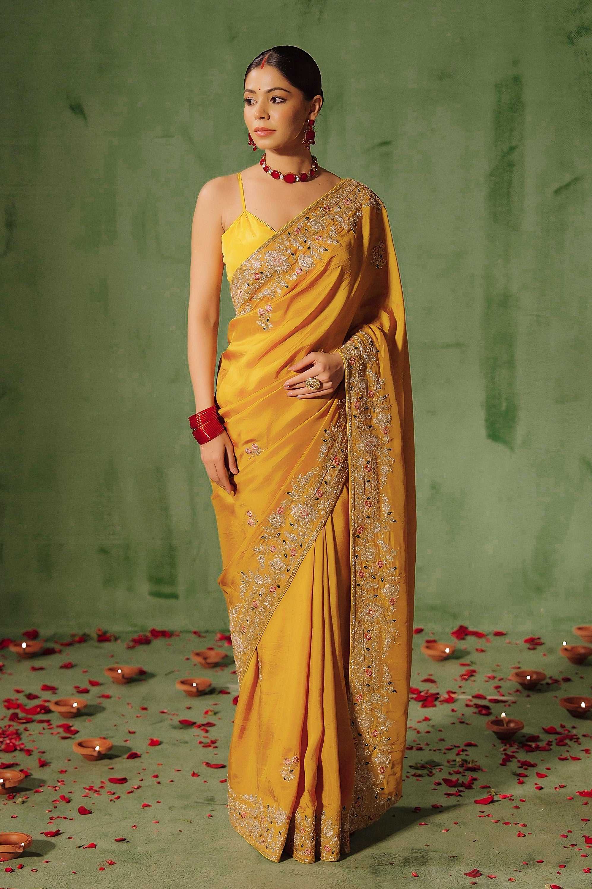 Marigold Yellow Embellished Premium Silk Saree
