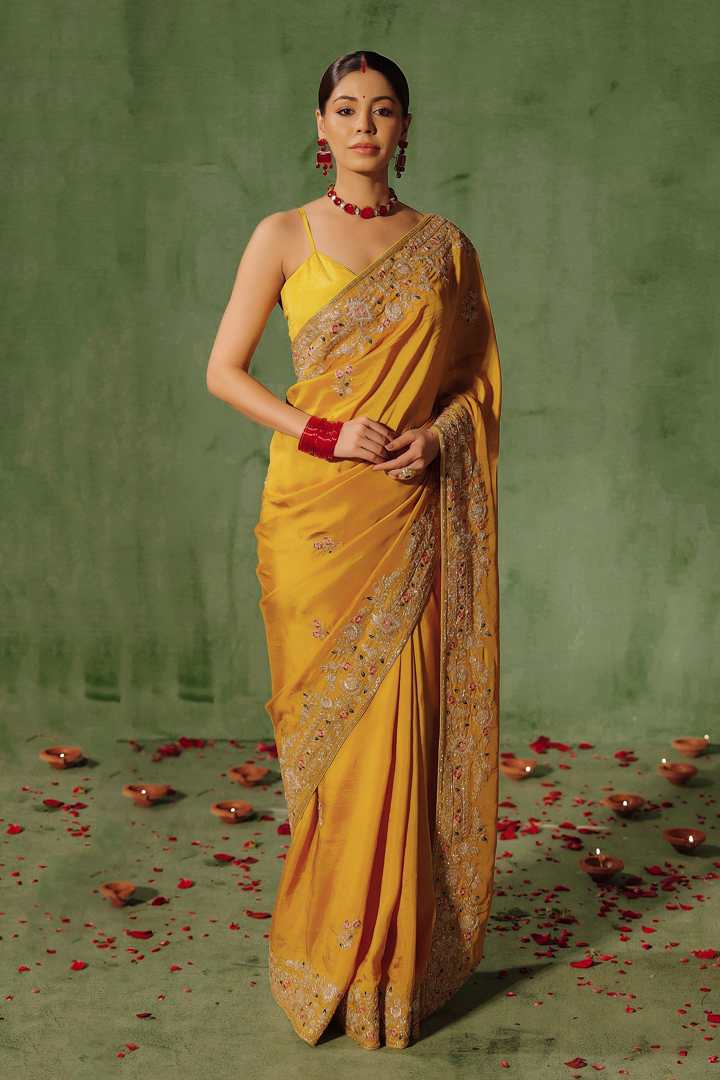 Marigold Yellow Embellished Premium Silk Saree