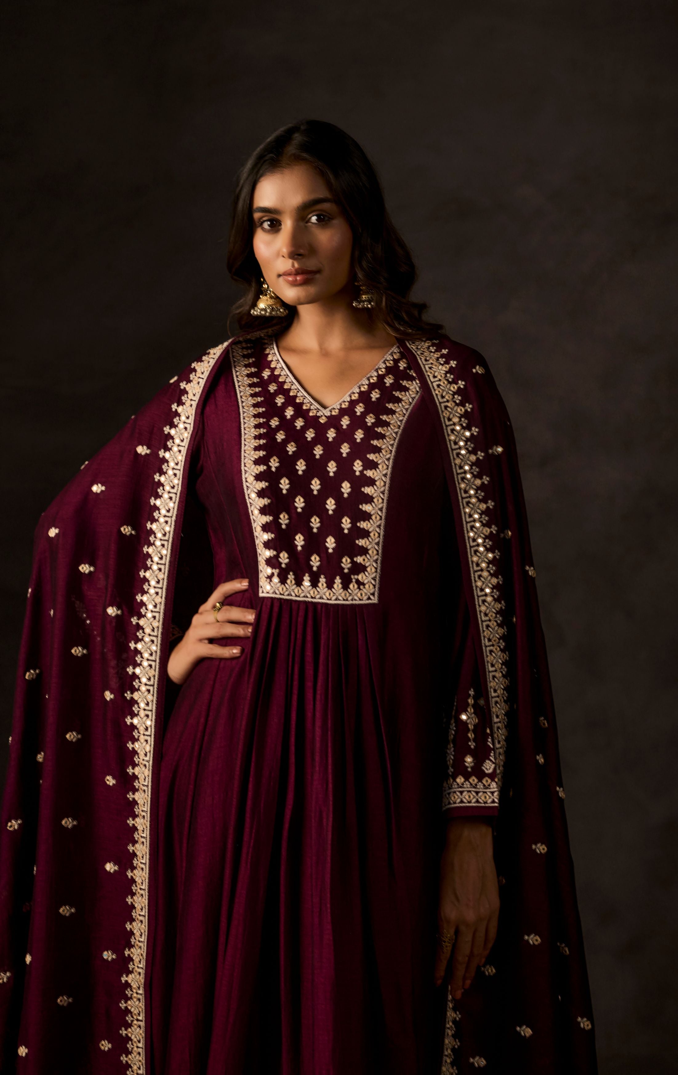 Mulberry Purple Embellished Raw Silk Anarkali Set