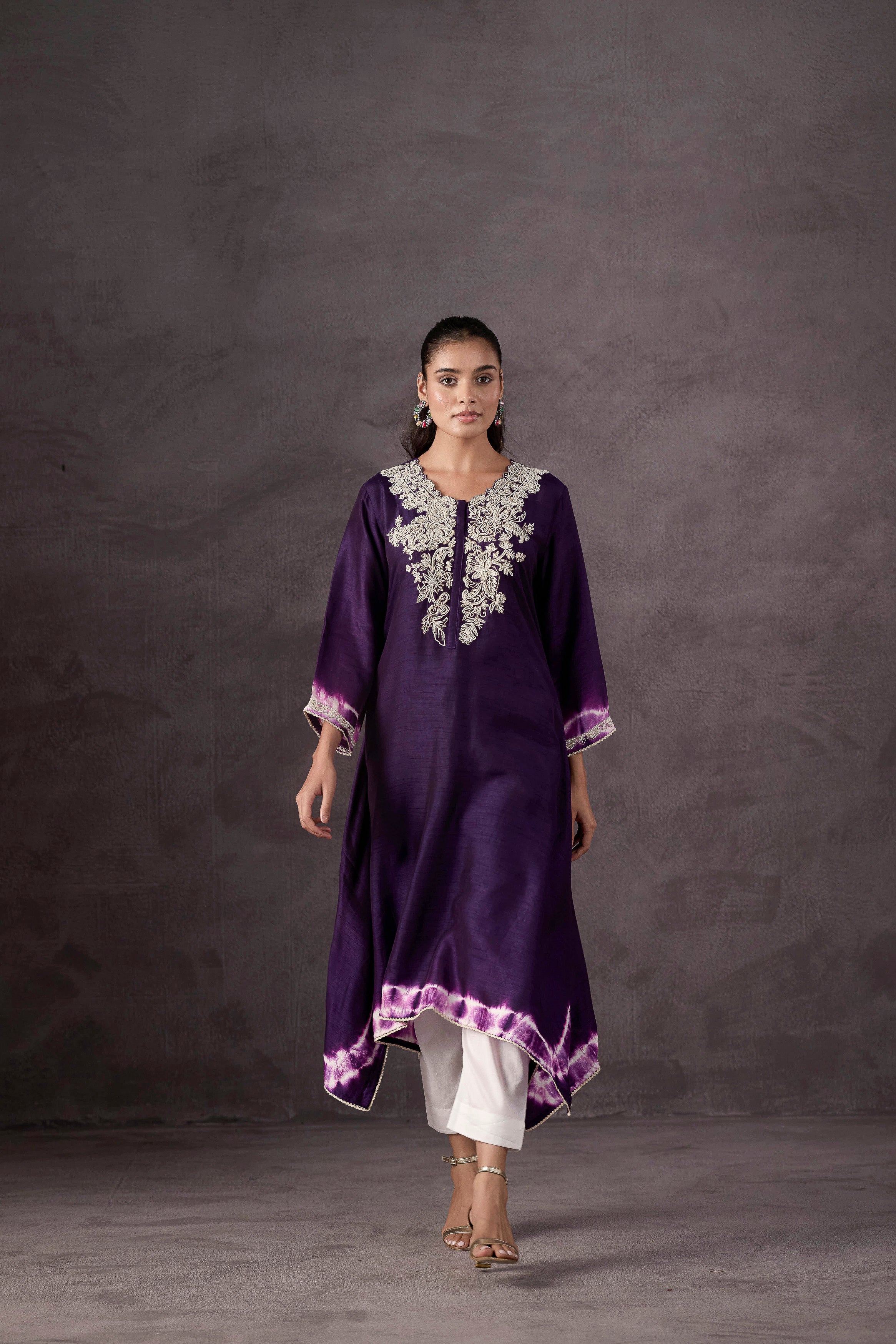 Dark Purple Embellished Raw Silk Kurta Set
