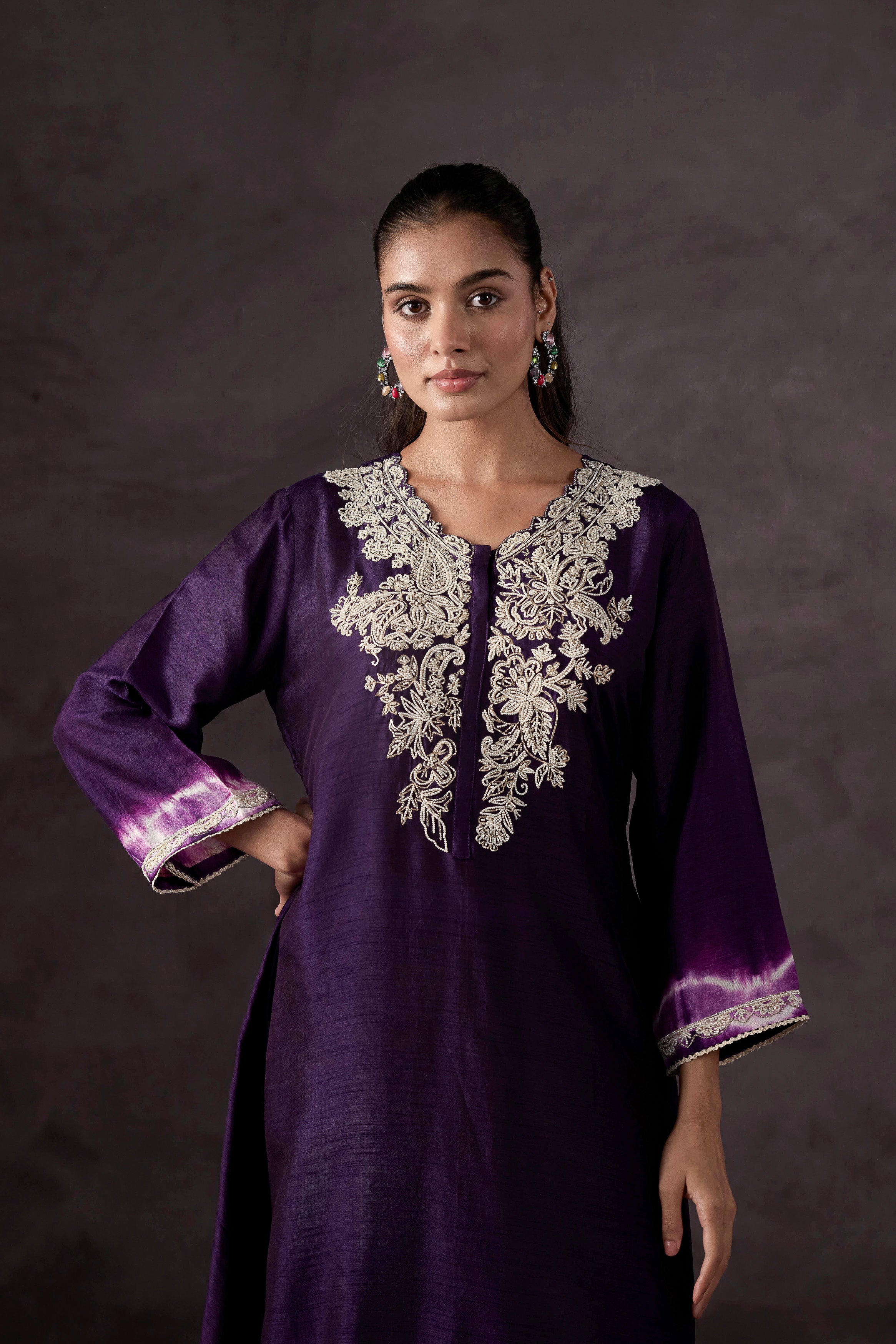 Dark Purple Embellished Raw Silk Kurta Set