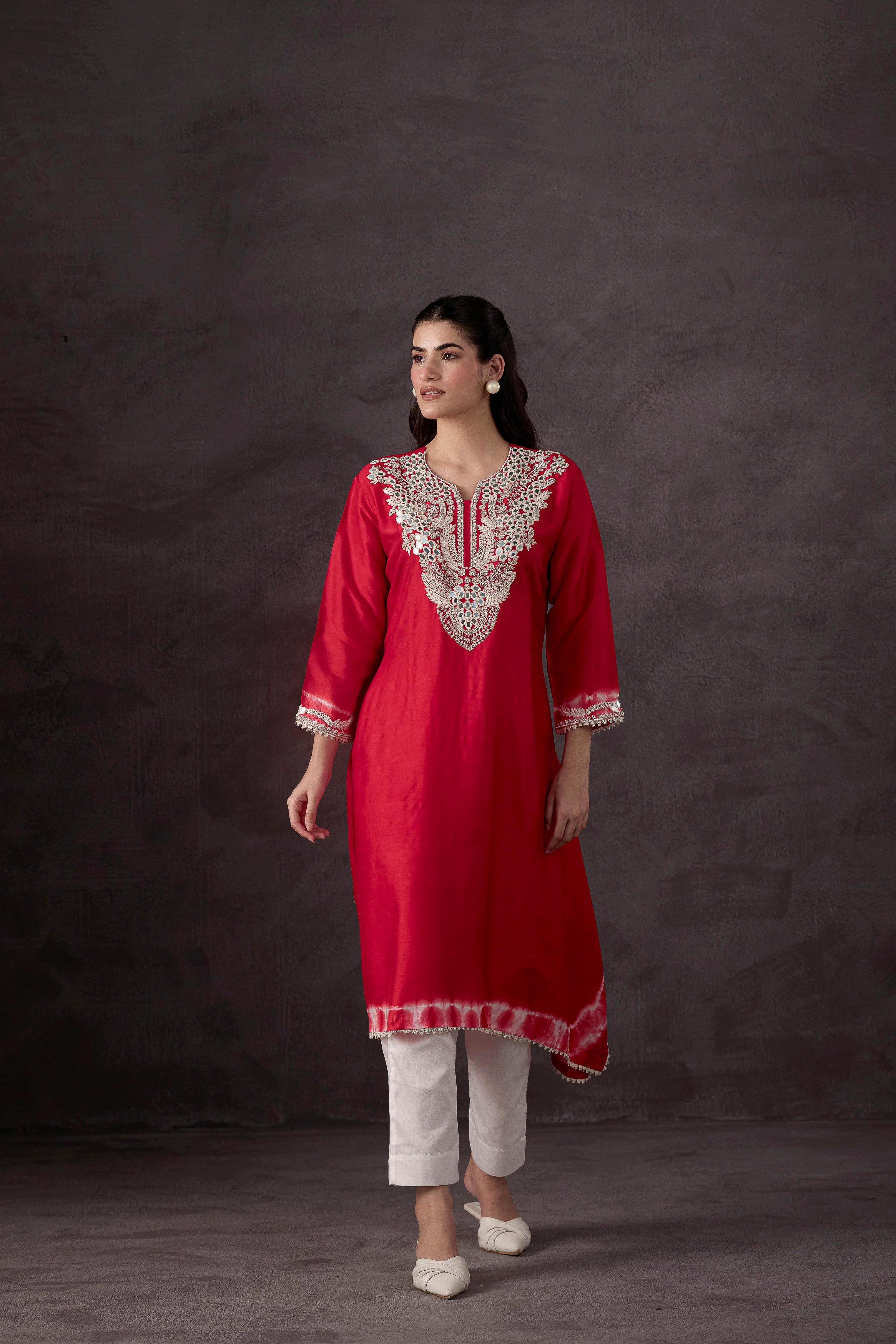 Bright Red Embellished Raw Silk Kurta Set