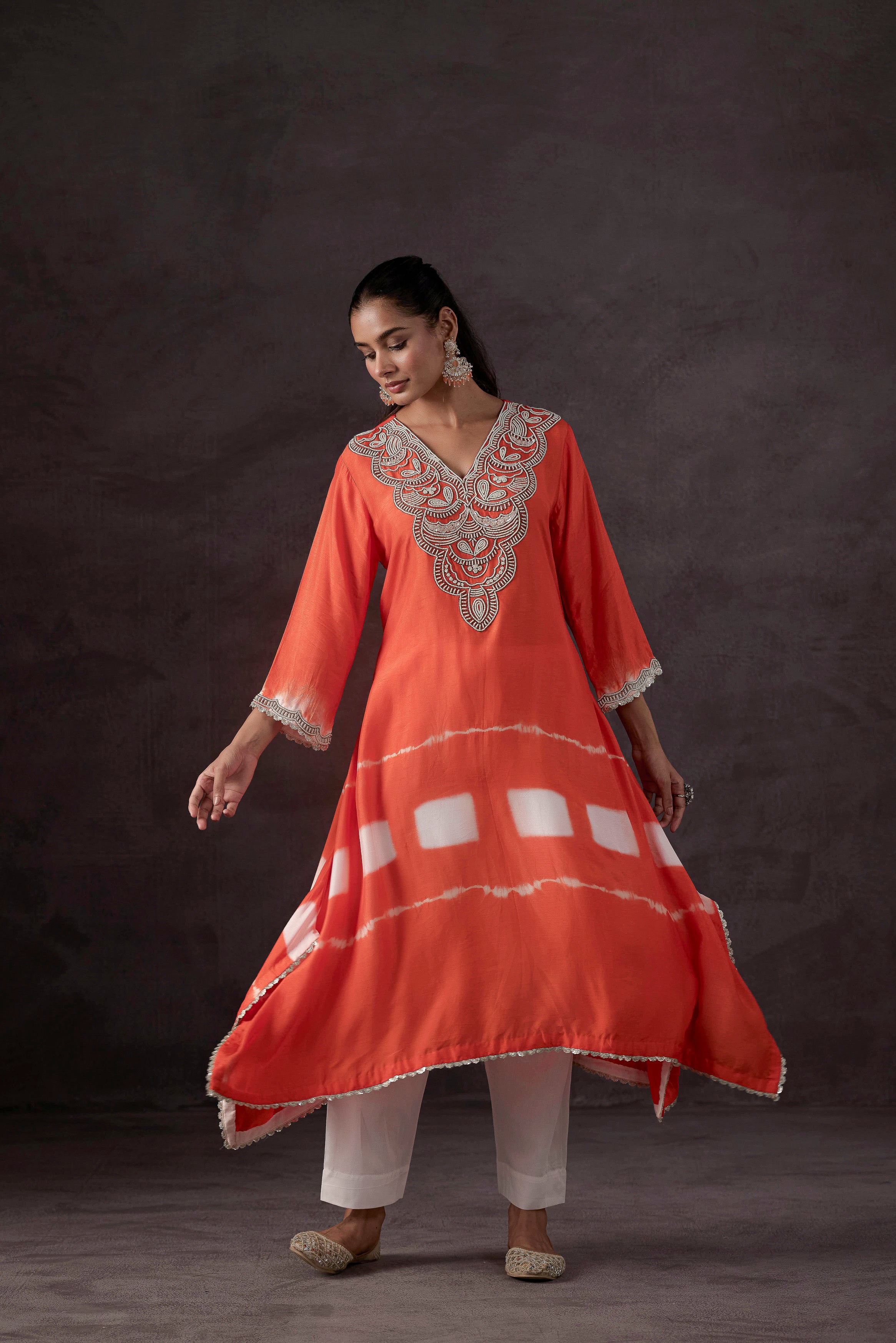 Bright Orange Embellished Raw Silk Kurta Set