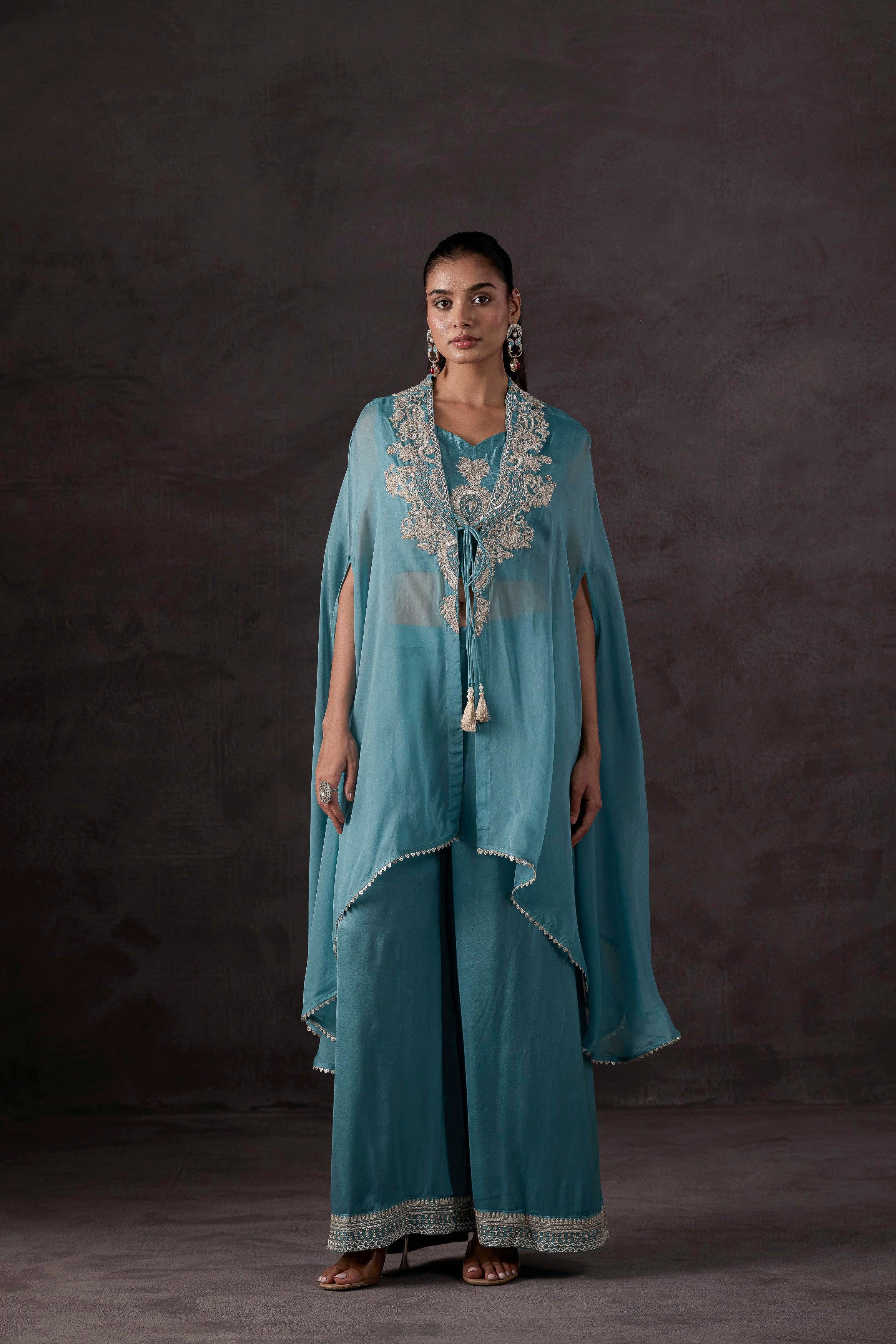 Sky Blue Embellished Organza Silk Cape Set