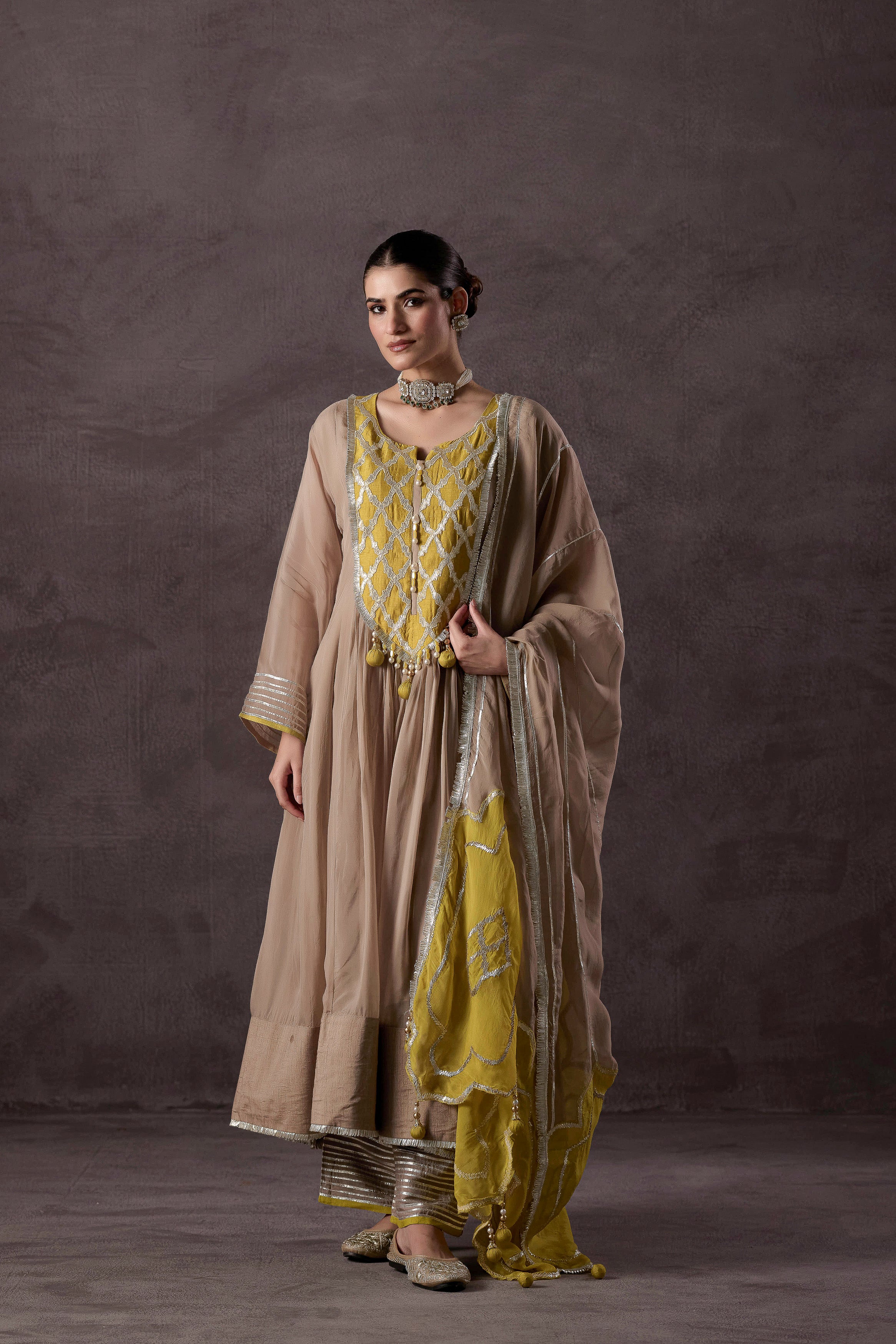 Timeless Beige-Brown Raw Silk Anarkali Set